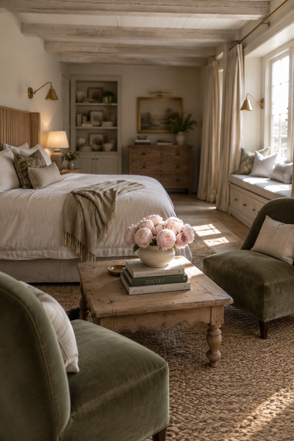 A bedroom interior showing a bed with white linens, a rustic wooden coffee table holding stacked books and a vase of pink peonies, two green velvet armchairs, a window seat with pillows, and built-in shelves in the background.