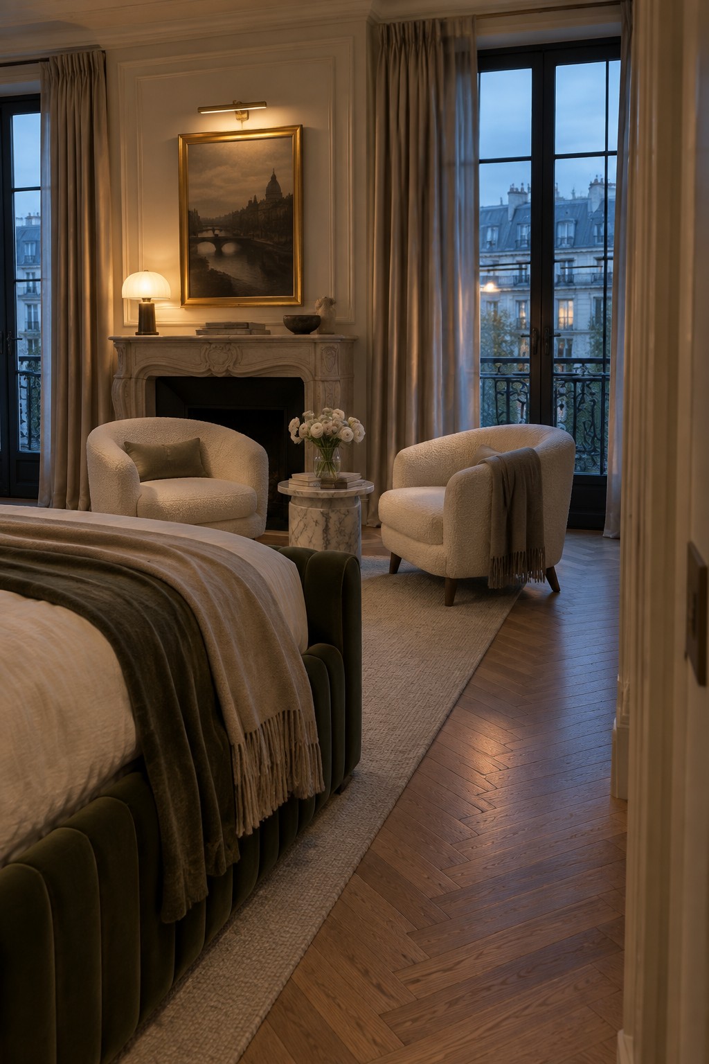A bedroom interior showing a bed with green velvet and beige throws, two off-white bouclé armchairs facing each other beside a marble side table, a fireplace with a framed painting above it, and French doors opening to a balcony.