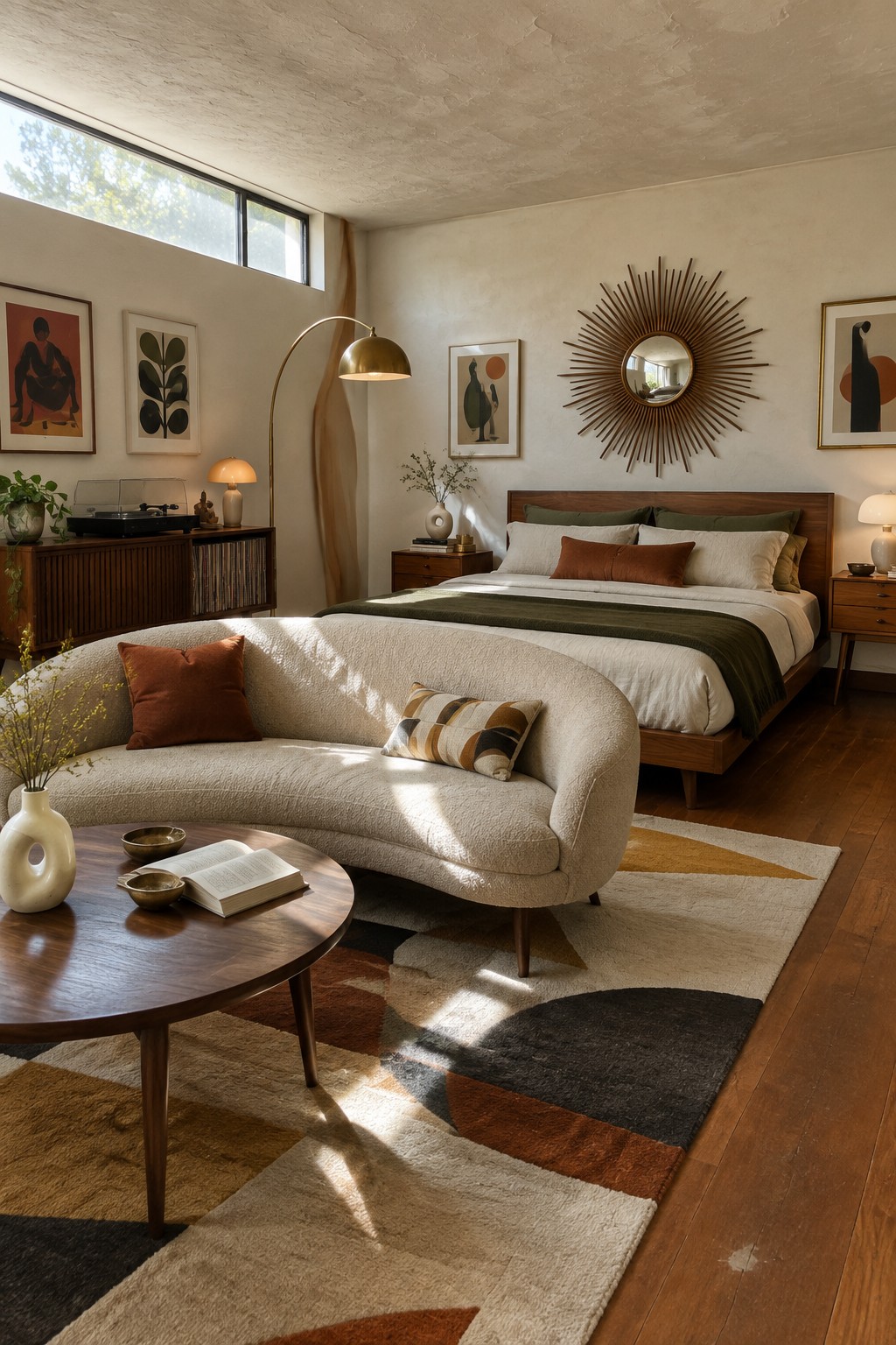 Mid-century modern bedroom with curved sofa, sunburst mirror, round table, and geometric rug.