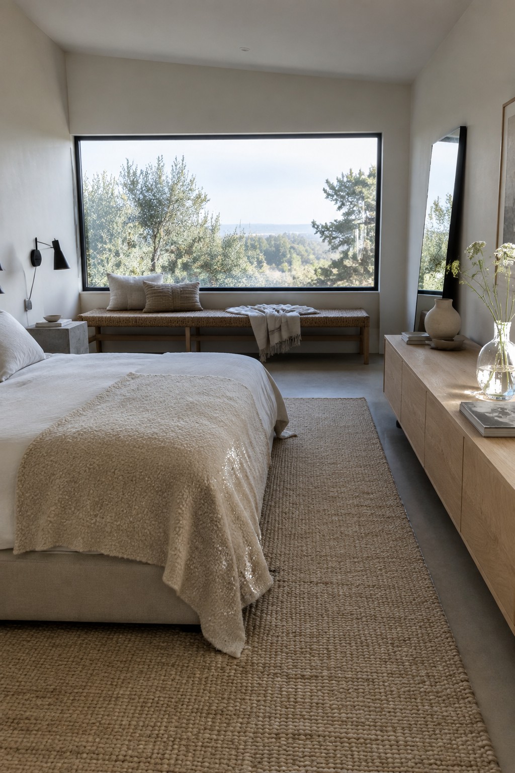 A bedroom with a large bed covered in beige textiles, a woven bench with pillows under a wide window, and a light wood dresser holding vases on the right side.