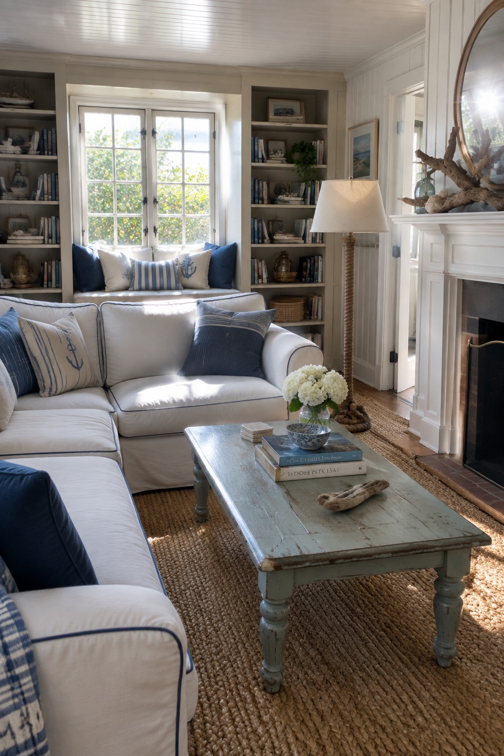 A living room featuring a white sectional sofa with blue piping positioned in front of a window seat, flanked by built-in bookshelves, with a distressed light blue coffee table on a woven rug.