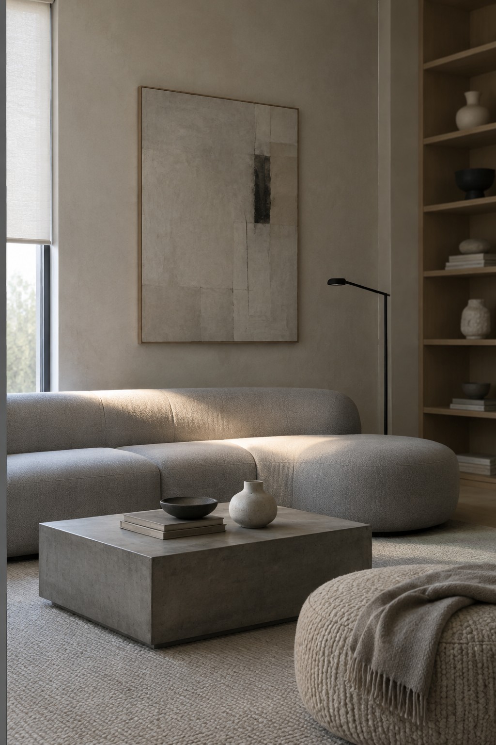 A living room featuring a large curved gray sectional sofa, a square concrete coffee table with stacked books and a small bowl, a knitted pouf with a throw blanket, and a built-in light wood bookshelf on the right wall.