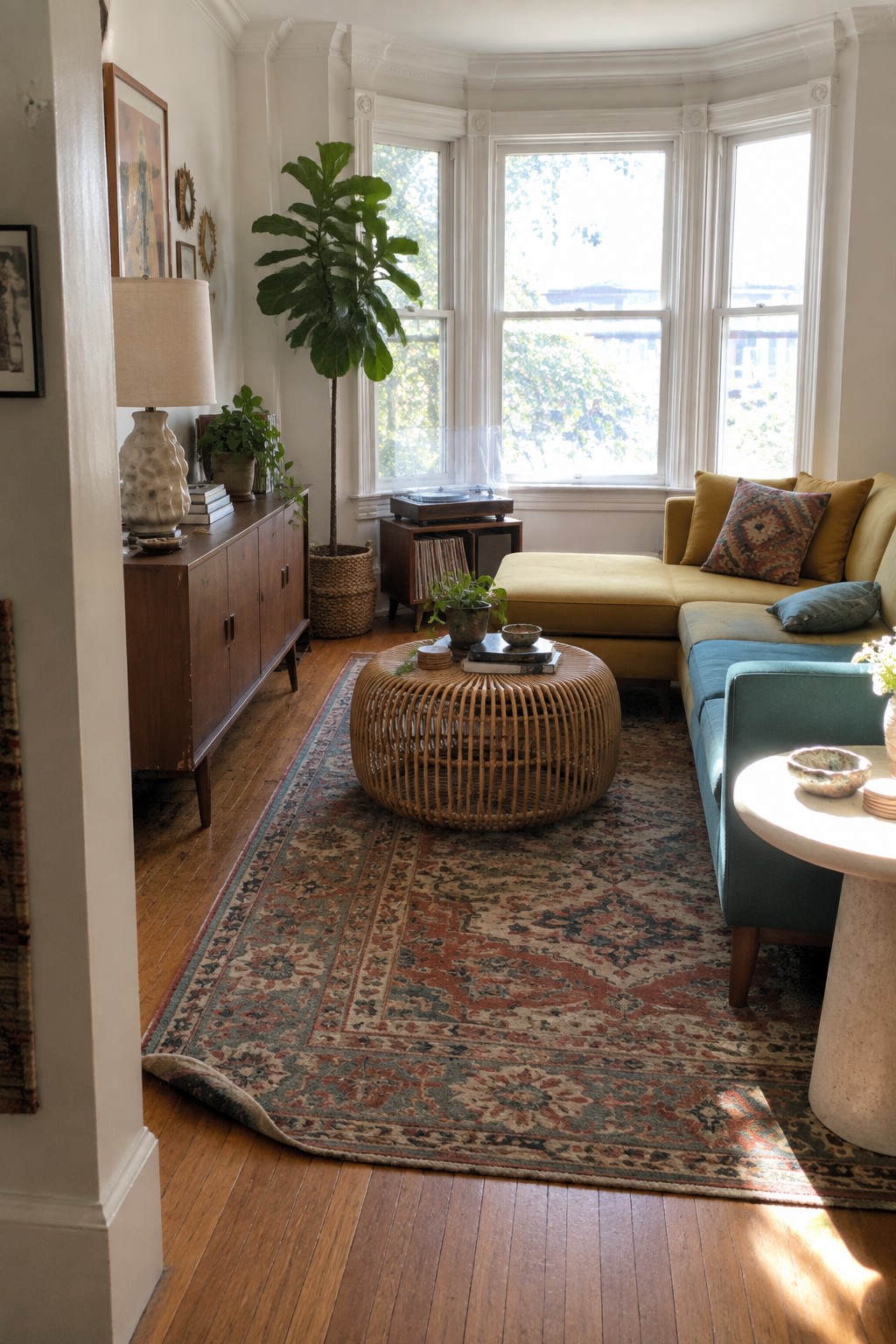 A living room featuring a yellow and teal sectional sofa arranged in a bay window, a round woven coffee table on a patterned rug, and a wooden sideboard with a lamp and plants along the left wall.