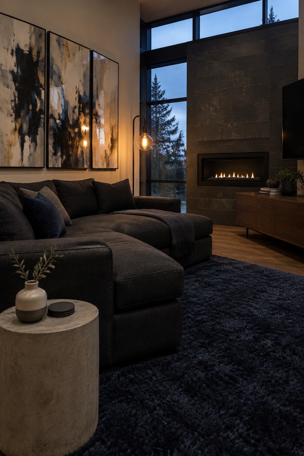 A modern living room with a large dark gray sectional sofa on a navy blue shag rug, facing a linear fireplace set into a stone wall with tall windows behind it.