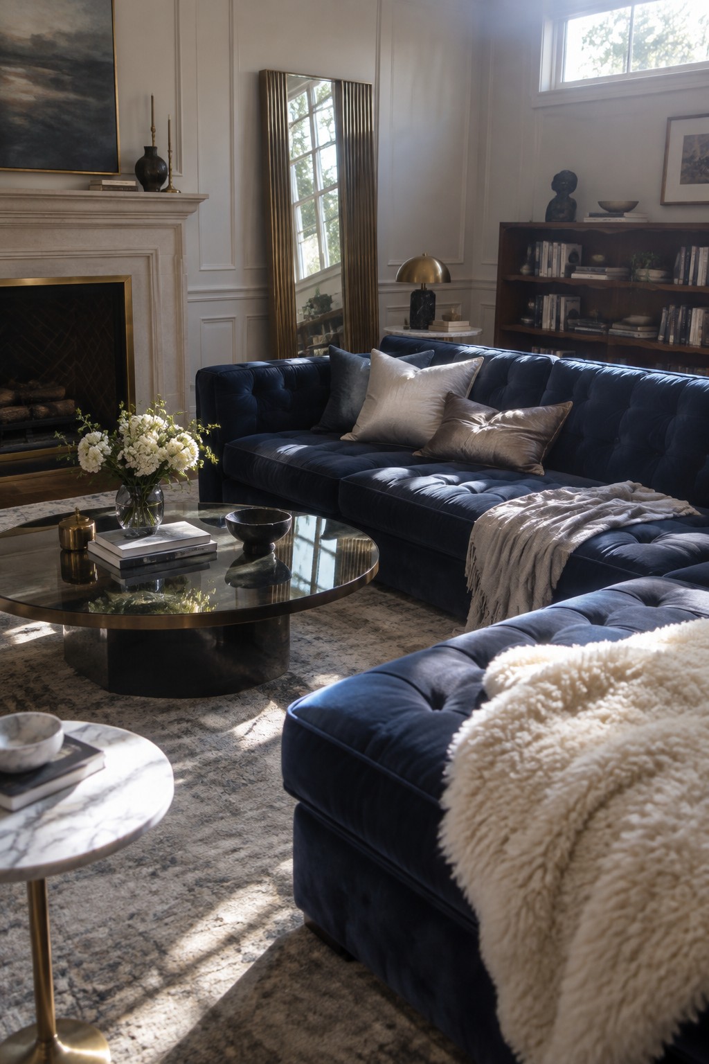 Navy blue tufted sectional sofa in sunlit living room with glass coffee table