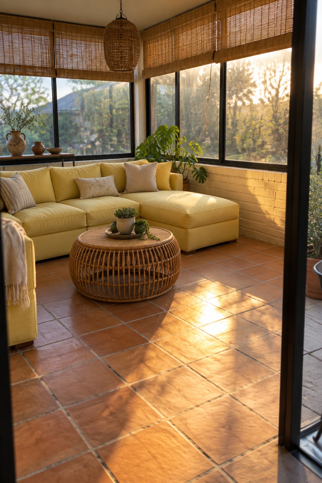 Yellow sectional sofa and rattan coffee table in sunlit room with bamboo blinds