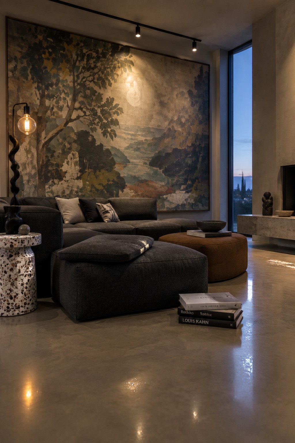 A modern living room featuring a dark gray sectional sofa and ottoman placed in front of a large landscape mural, with a tall window on the right and books stacked on the polished concrete floor.
