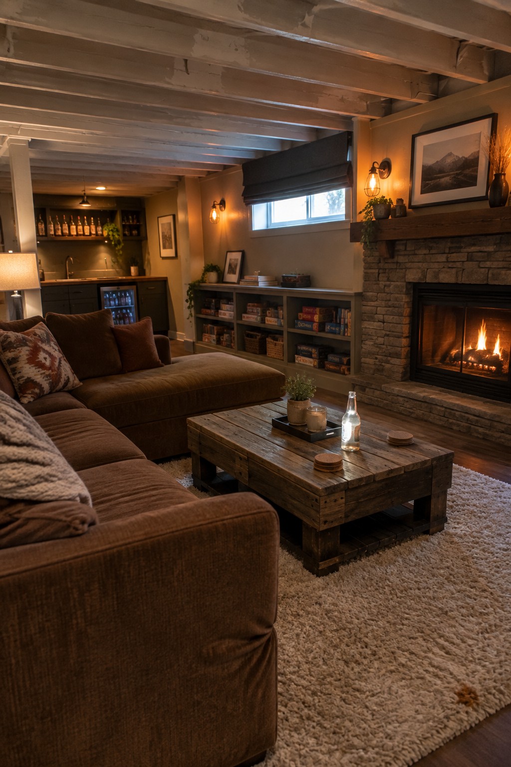 Cozy living room with brown sectional sofa, rustic coffee table, and stone fireplace