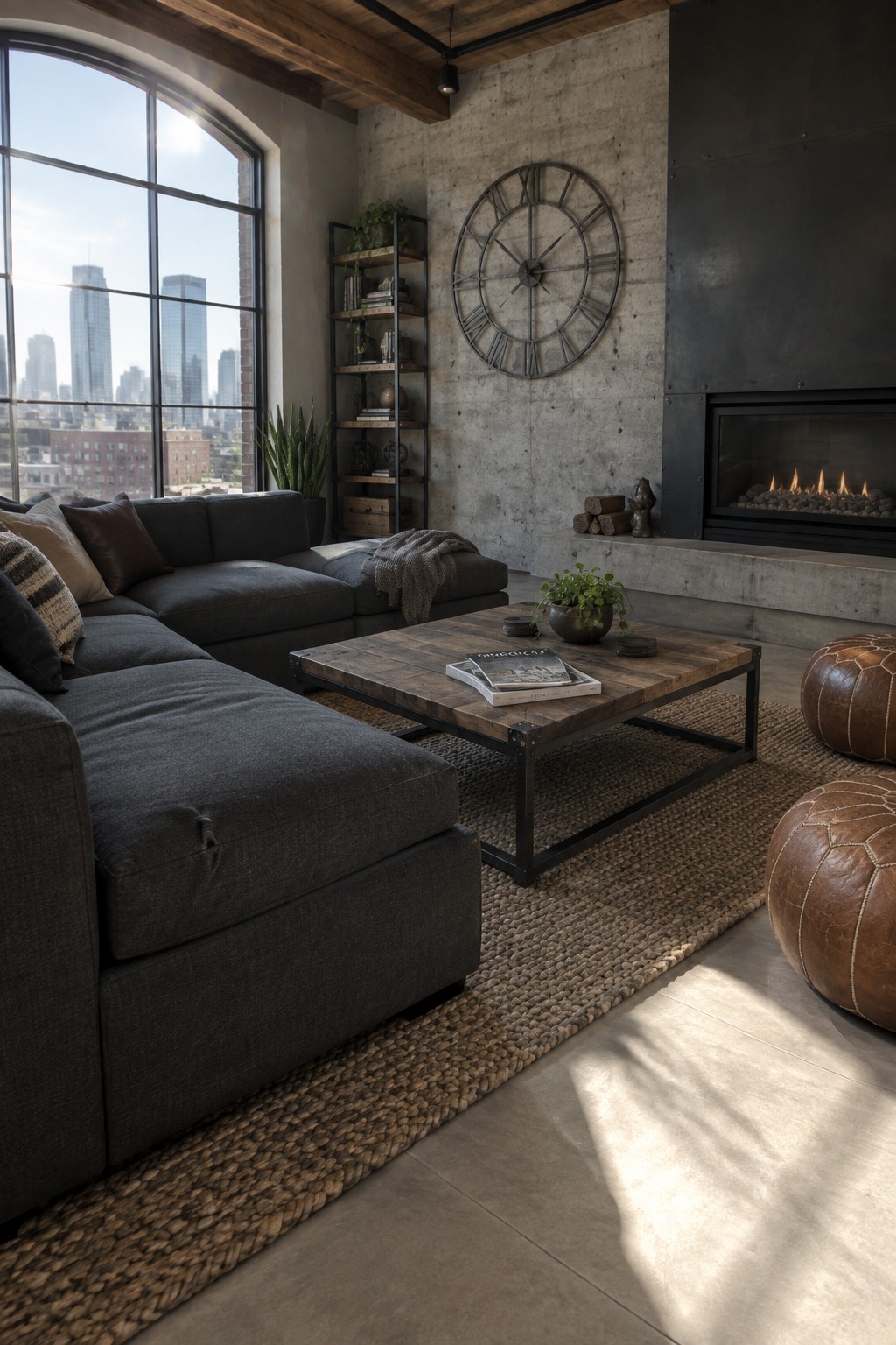 A living room featuring a large dark gray sectional sofa facing a fireplace on a concrete wall, with a wooden coffee table on a woven rug and a large arched window showing a city skyline.