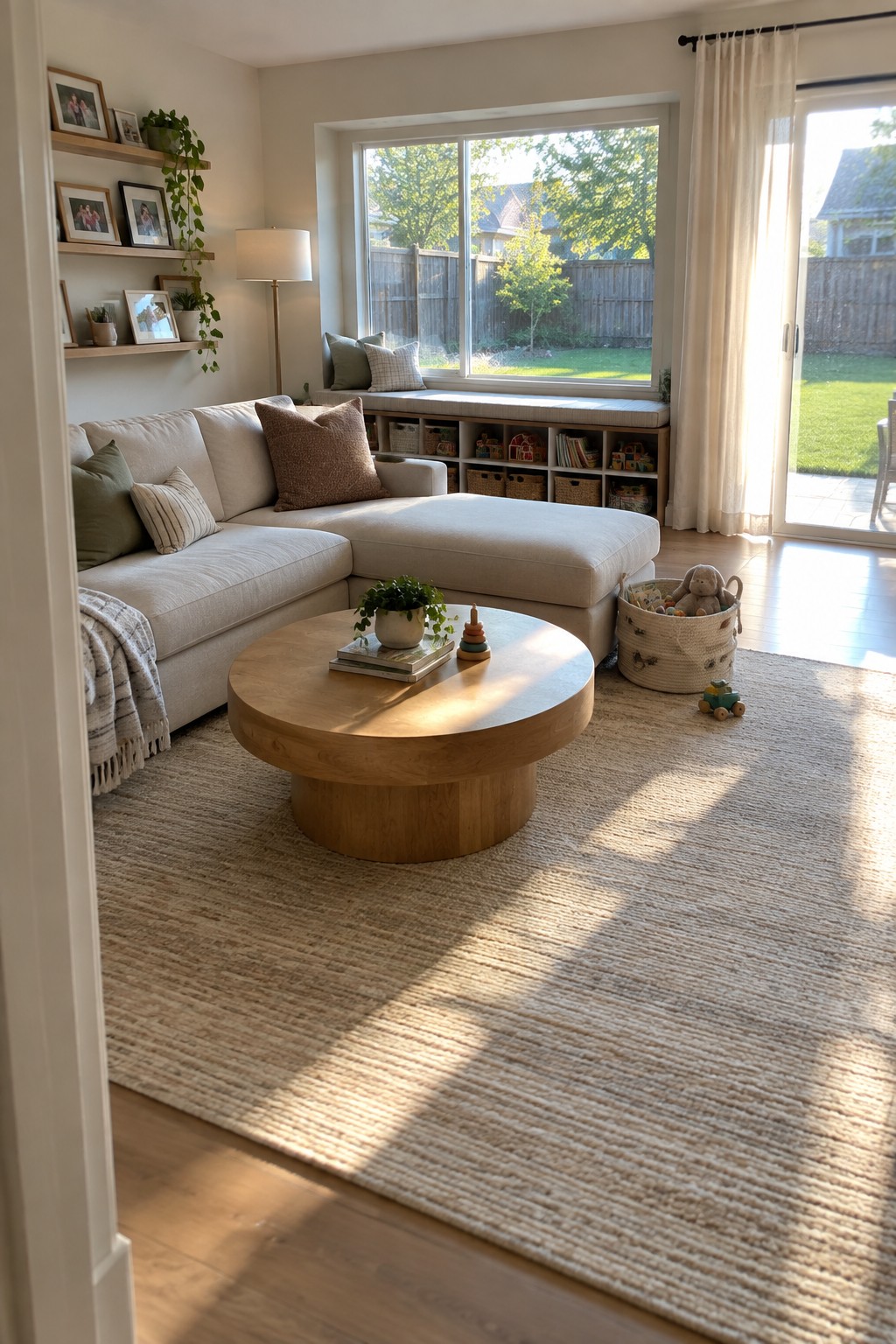 Cozy living room with beige sectional sofa, round wood table, and window seat cubbies.