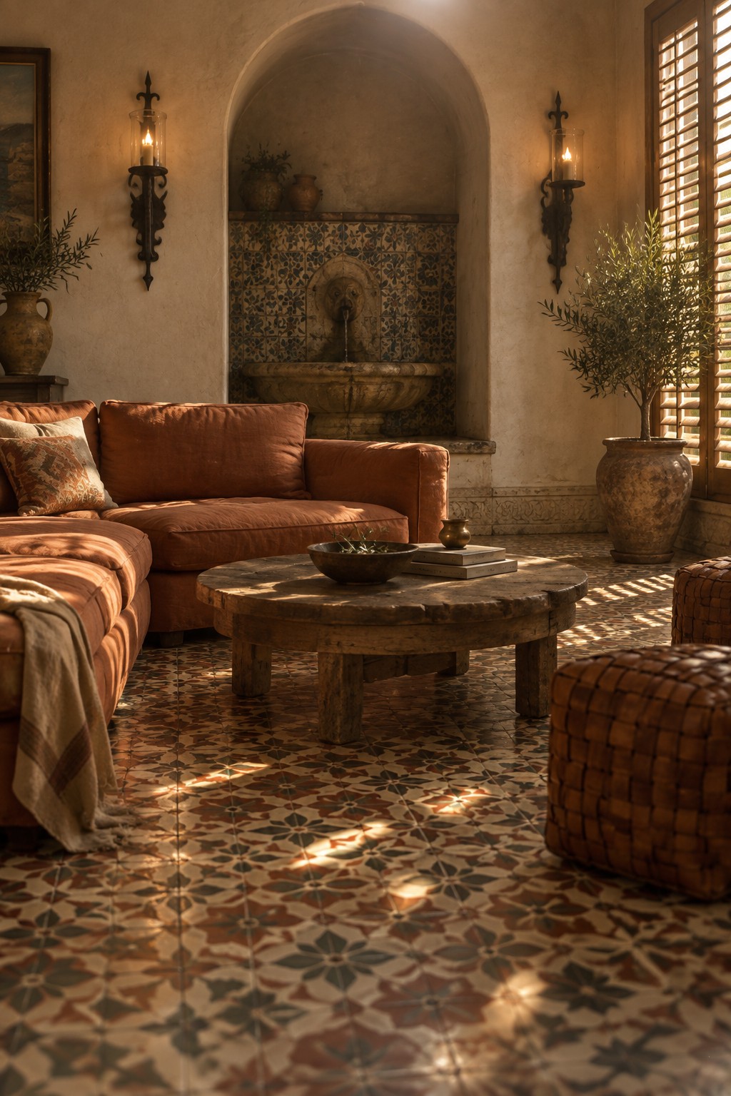 A living room featuring a large terracotta sectional sofa arranged around a rustic wooden coffee table on colorful patterned tile flooring, with an arched tiled fountain niche in the background.