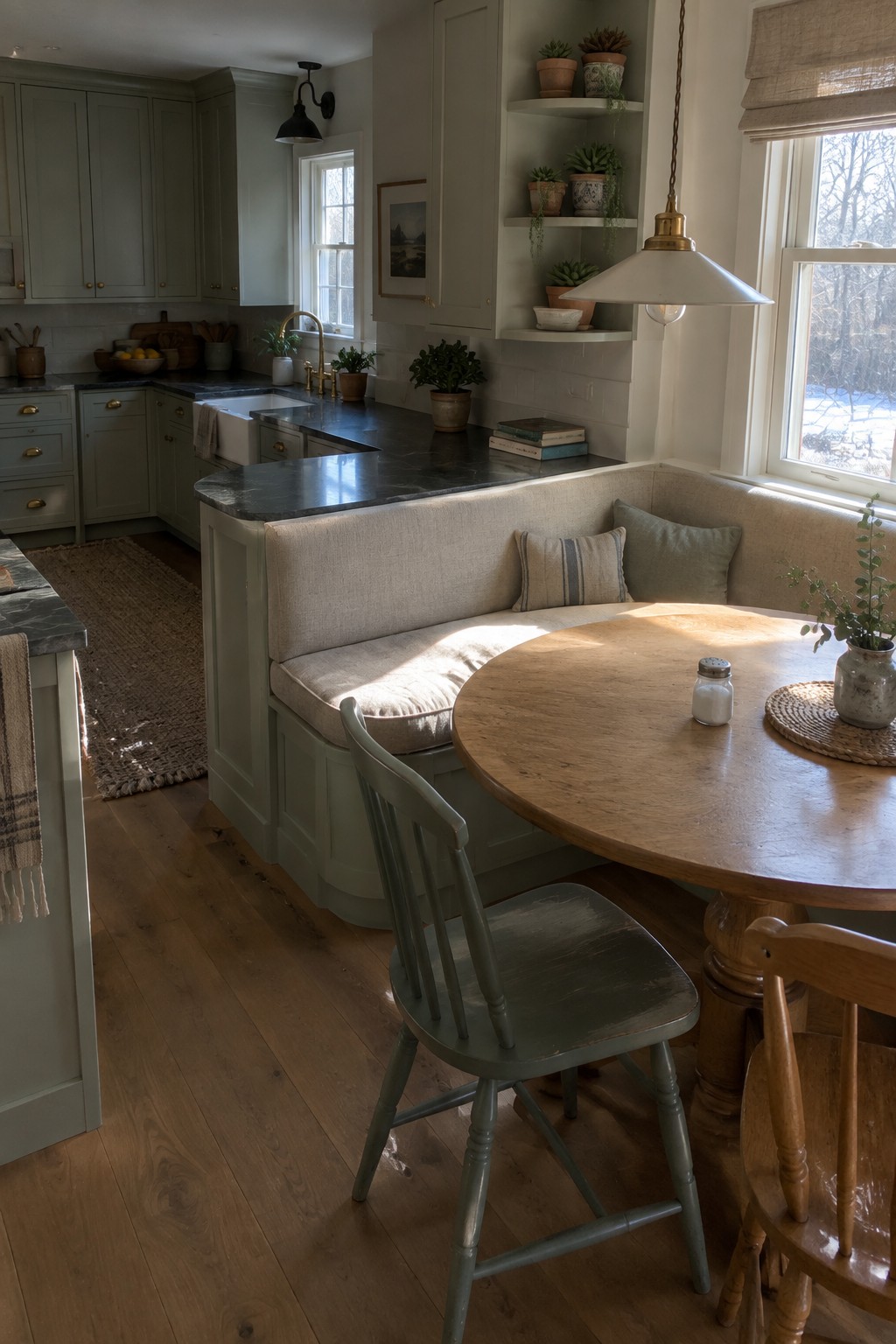 Rustic kitchen with sage green cabinets, built-in bench, round wooden table, and plants