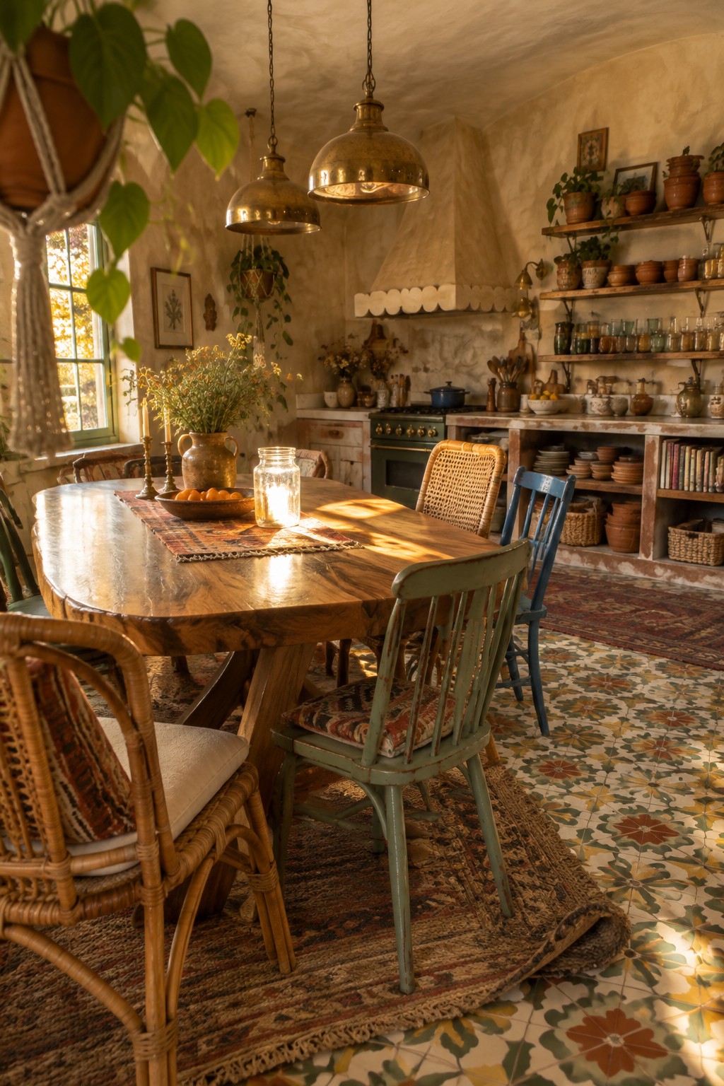 Rustic wooden dining table with mixed chairs, brass pendants, and colorful patterned tile floor