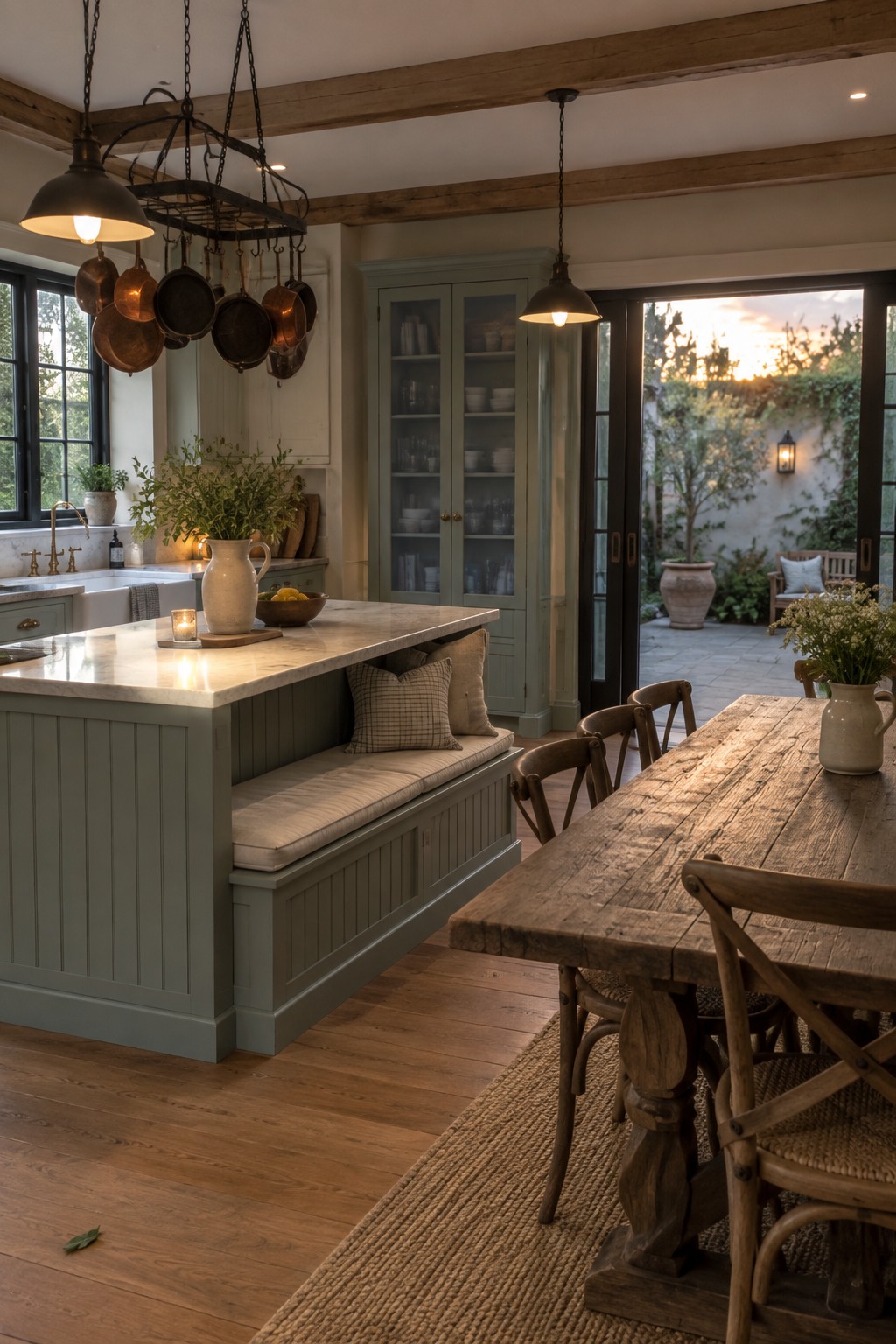 A sage green kitchen island with a built-in cushioned bench and marble top stands next to a rustic wooden dining table in an open interior with exposed beams, glass doors to a patio, and hanging copper pots above the island.
