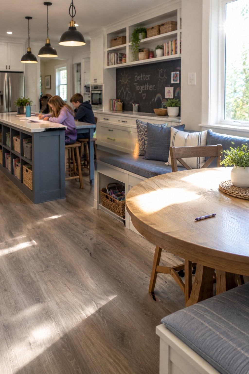 Sunlit kitchen with children at blue island, chalkboard wall, wooden table and bench