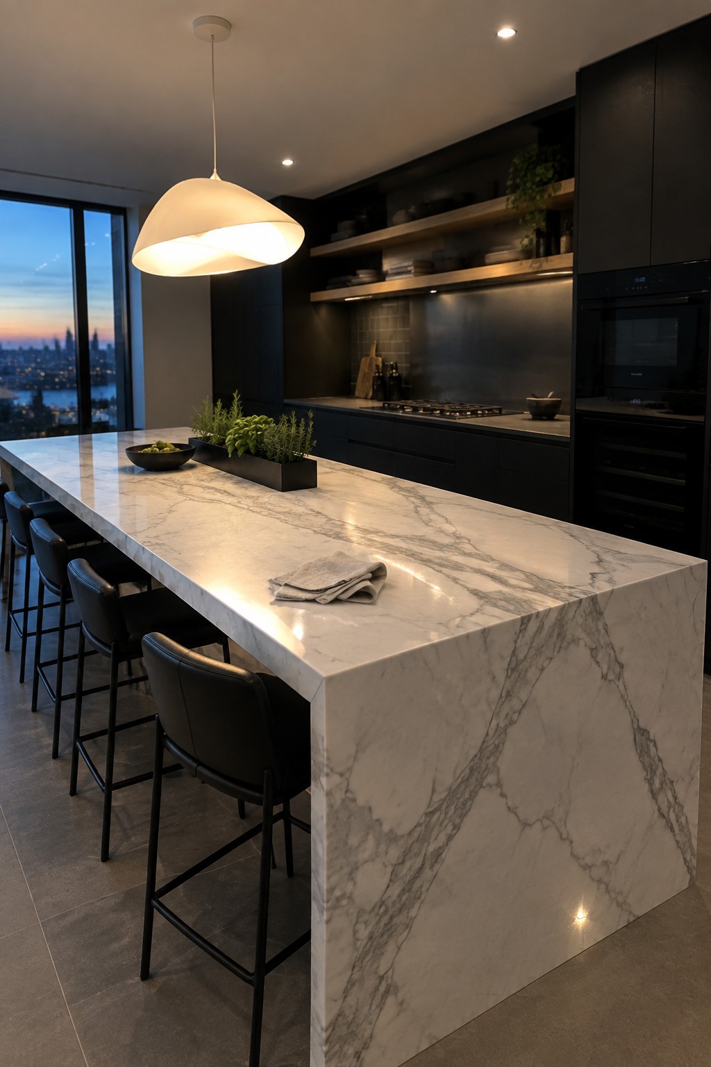 Modern kitchen interior featuring a large white marble island with black bar stools along one side, dark cabinetry, and a pendant light overhead.