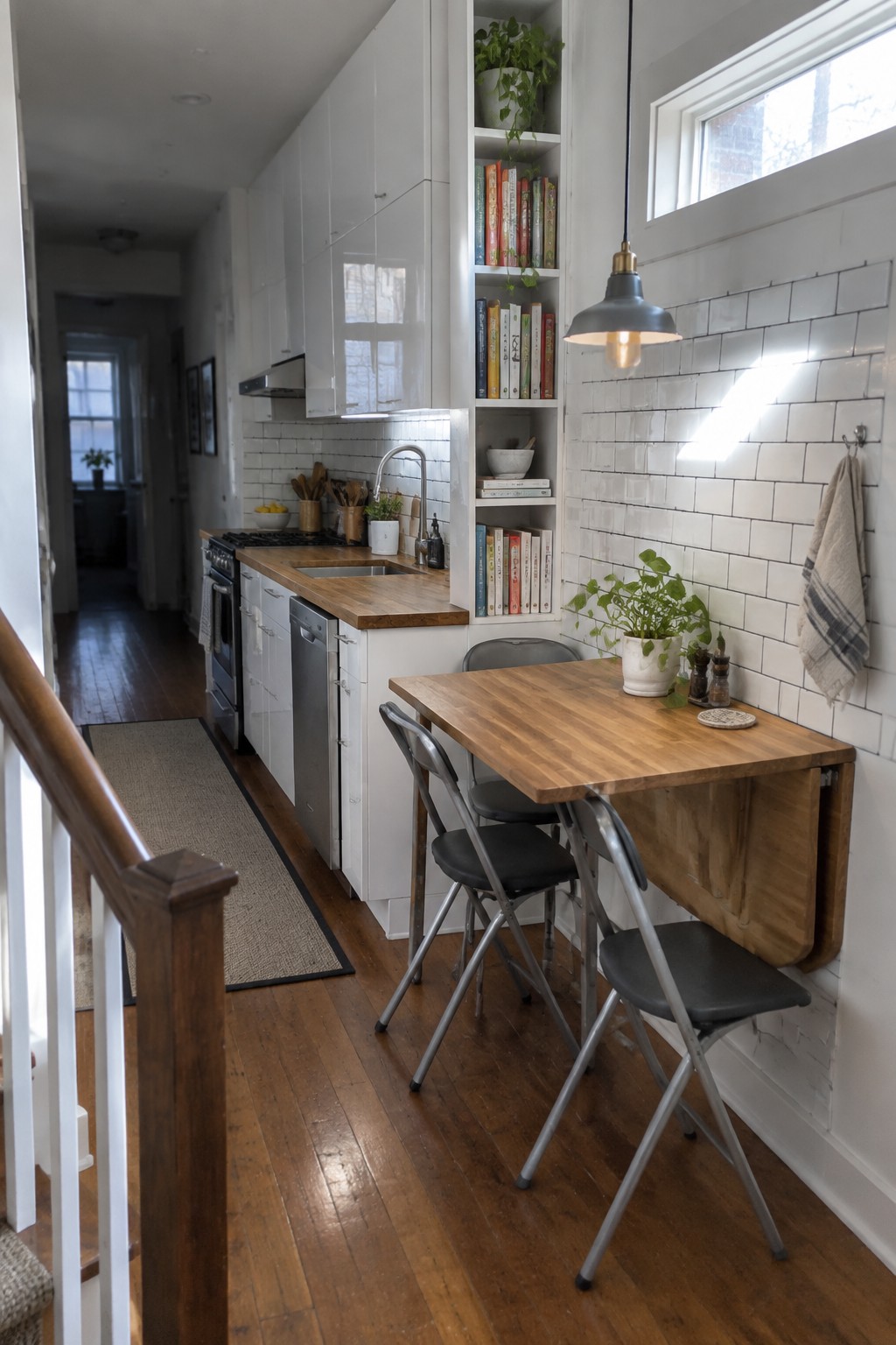 Narrow kitchen with white cabinets, wooden fold-down table, black chairs, and pendant light.