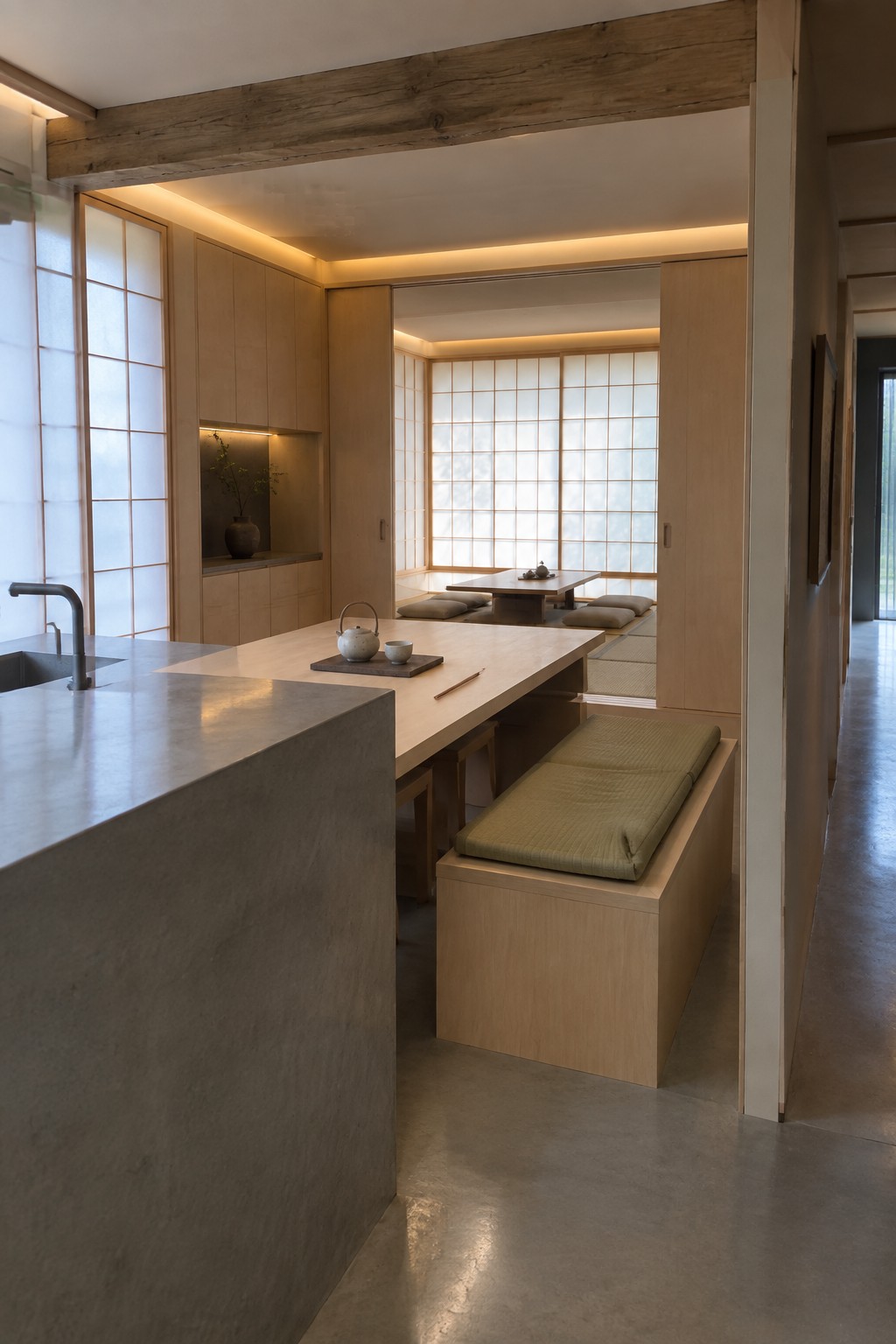 A kitchen interior with a concrete island counter extending into a light wood bench with green cushions, opening to a tatami dining area with shoji screens and a low table.