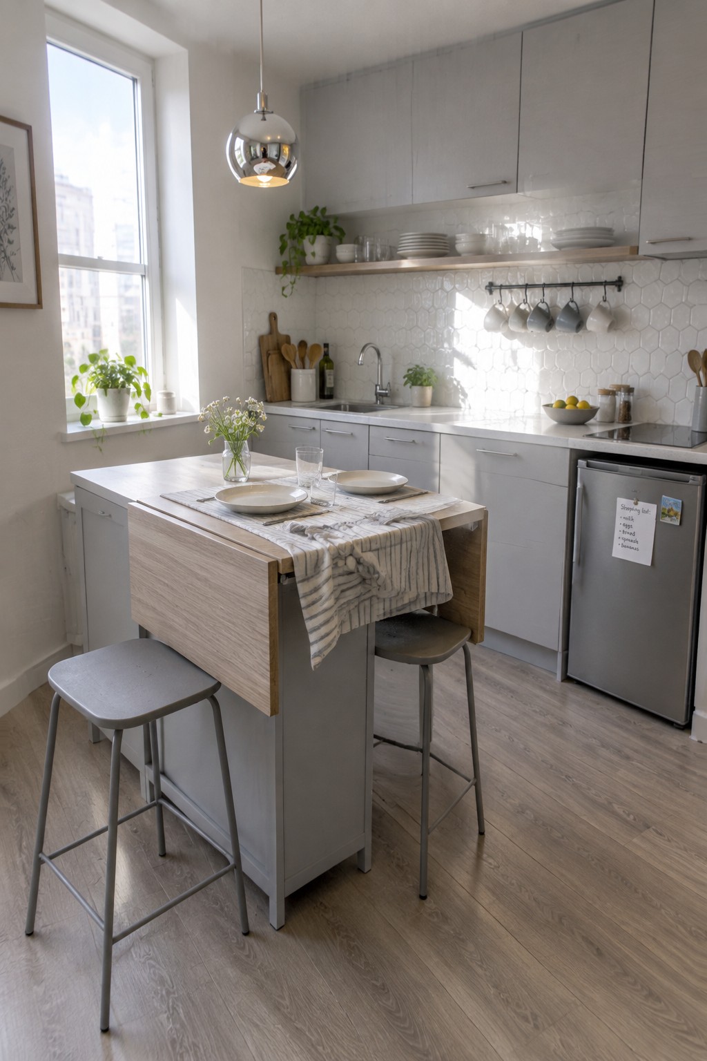 Modern kitchen with gray island, two stools, pendant light, and stainless fridge