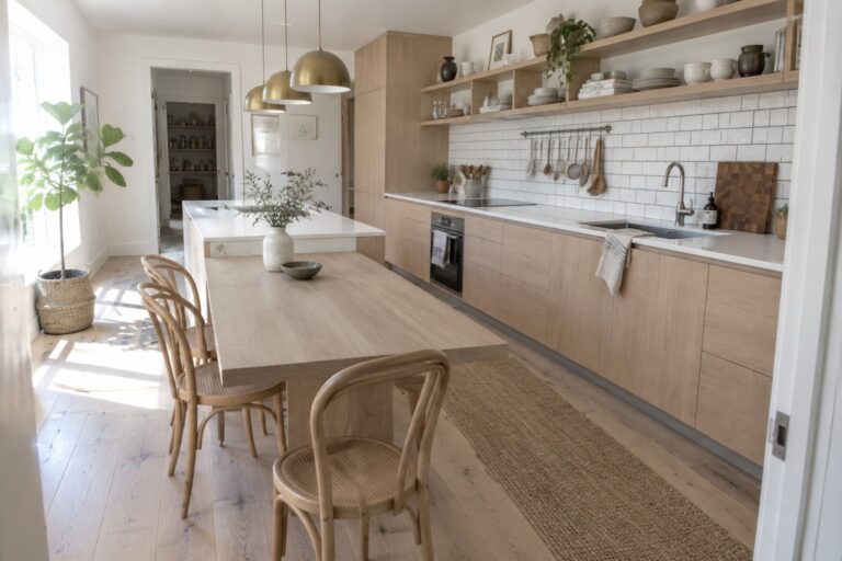22 Smart Open Kitchen Layout Ideas for Combined Cooking and Dining Areas An open kitchen and dining space with a long wooden dining table and chairs placed directly in front of a light wood kitchen island with white countertops and three brass pendant lights overhead.
