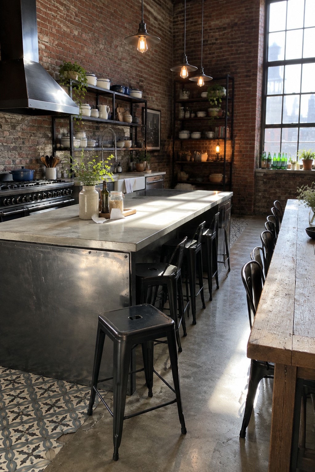 A large industrial kitchen featuring a concrete island with black metal stools, open shelving against brick walls, and a long wooden dining table to the right.