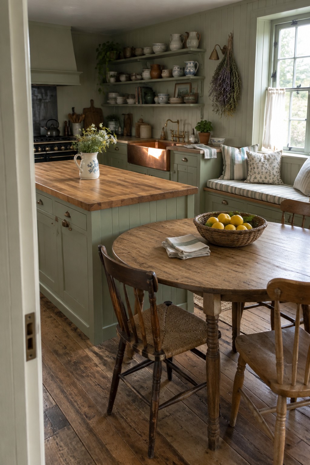 Rustic kitchen with wooden table, green island, copper sink, and pottery shelves.