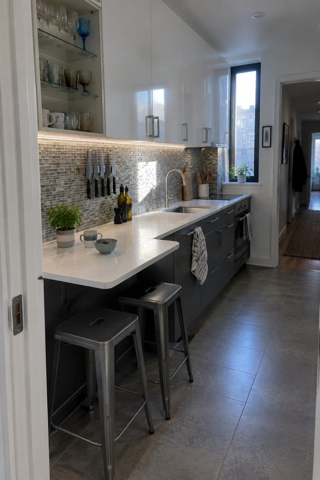A modern kitchen with a white marble peninsula, two metal stools tucked underneath, dark lower cabinets, and a long countertop extending toward a hallway.