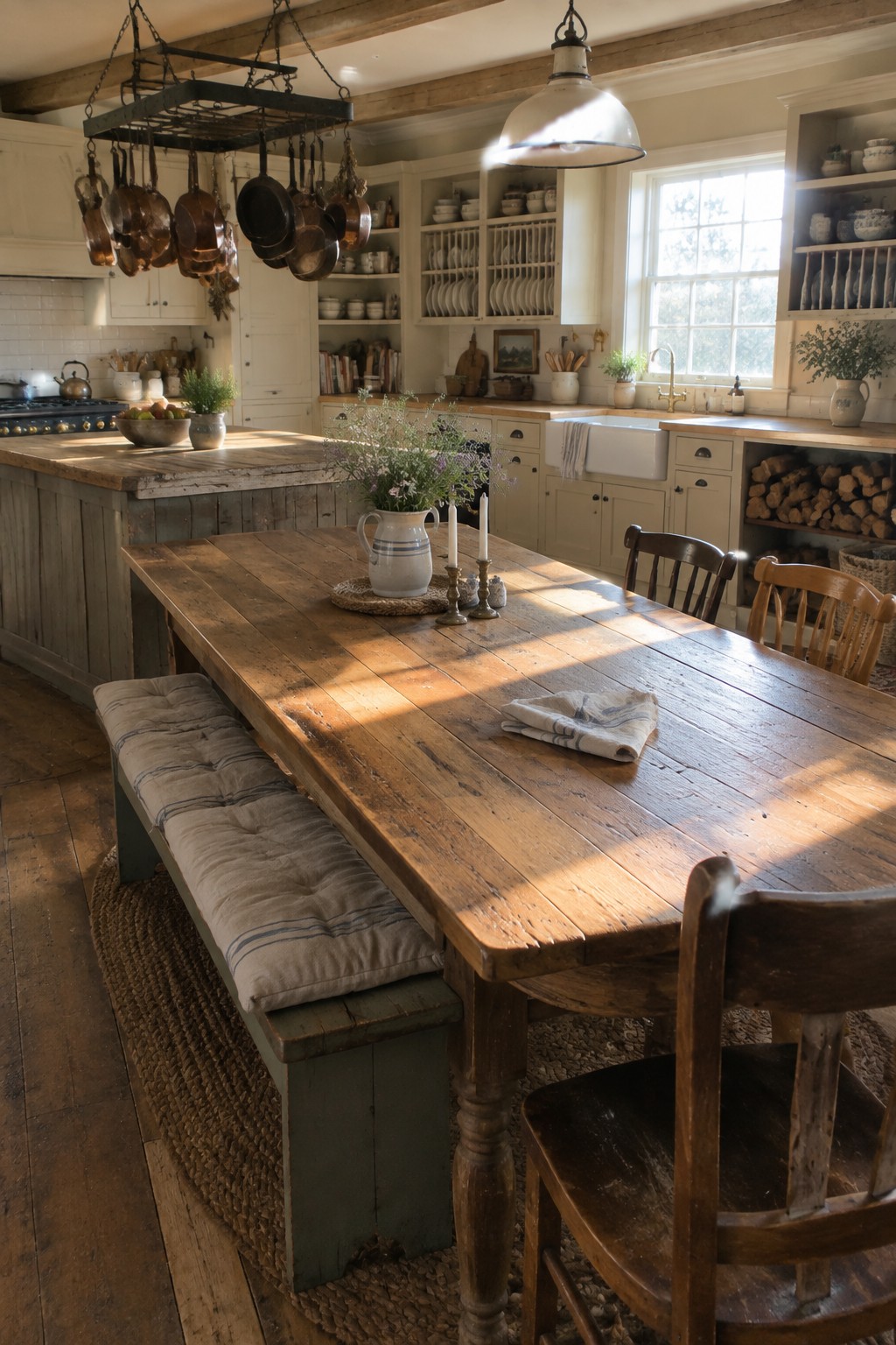 Rustic wooden table in sunlit farmhouse kitchen with hanging copper pots and bench