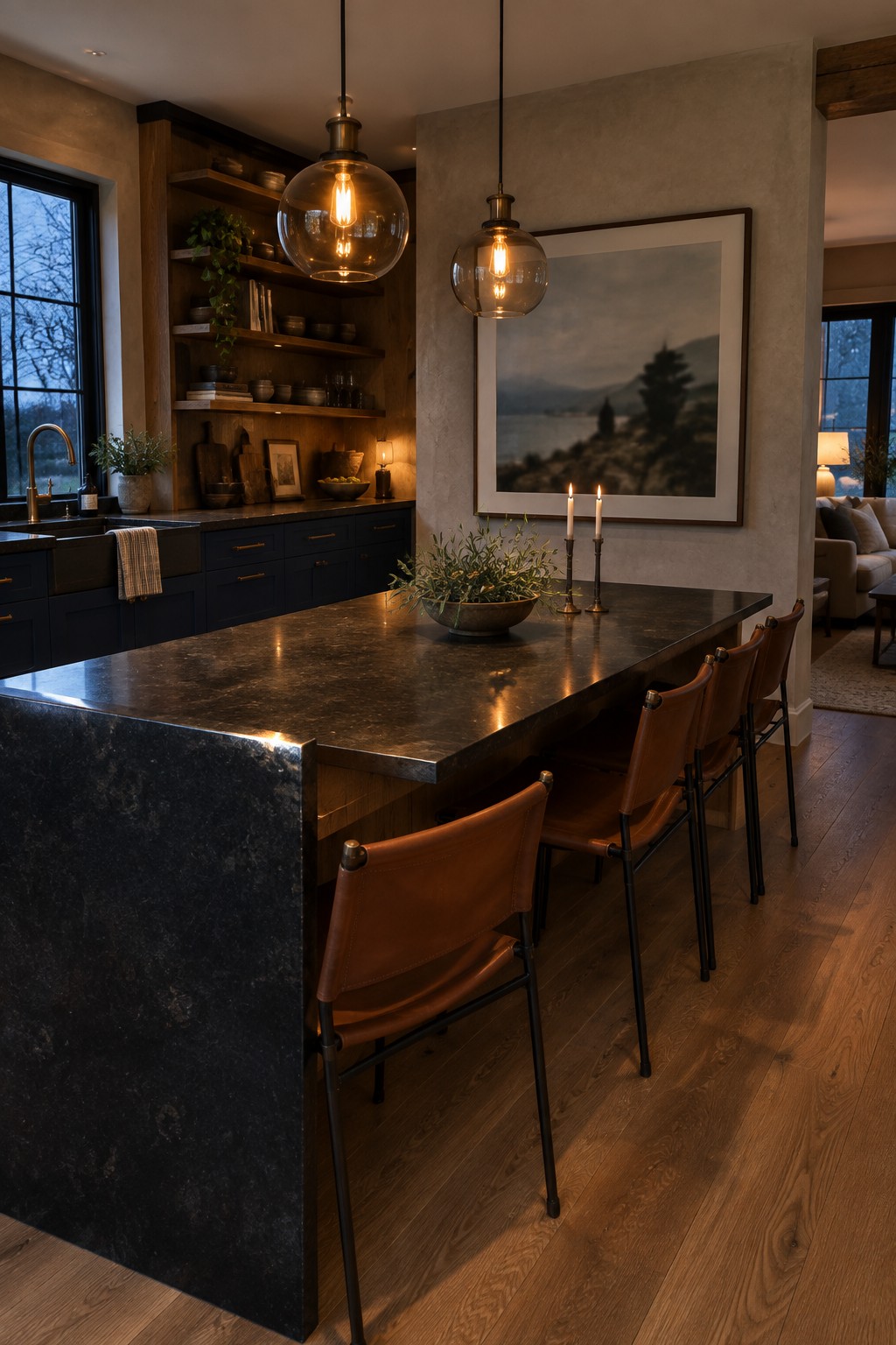 A kitchen with a large dark stone island, brown leather bar stools along one side, two glass pendant lights, and open wooden shelving in the background.