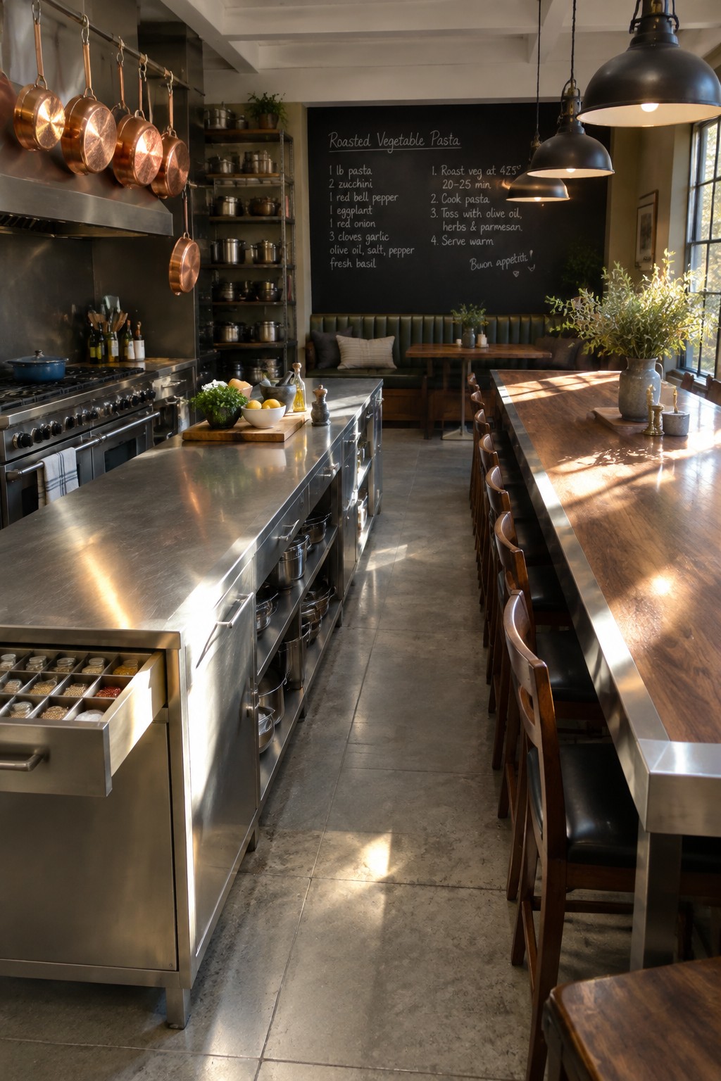 Modern kitchen with stainless steel island, hanging copper pots, wooden table, and chalkboard recipe.