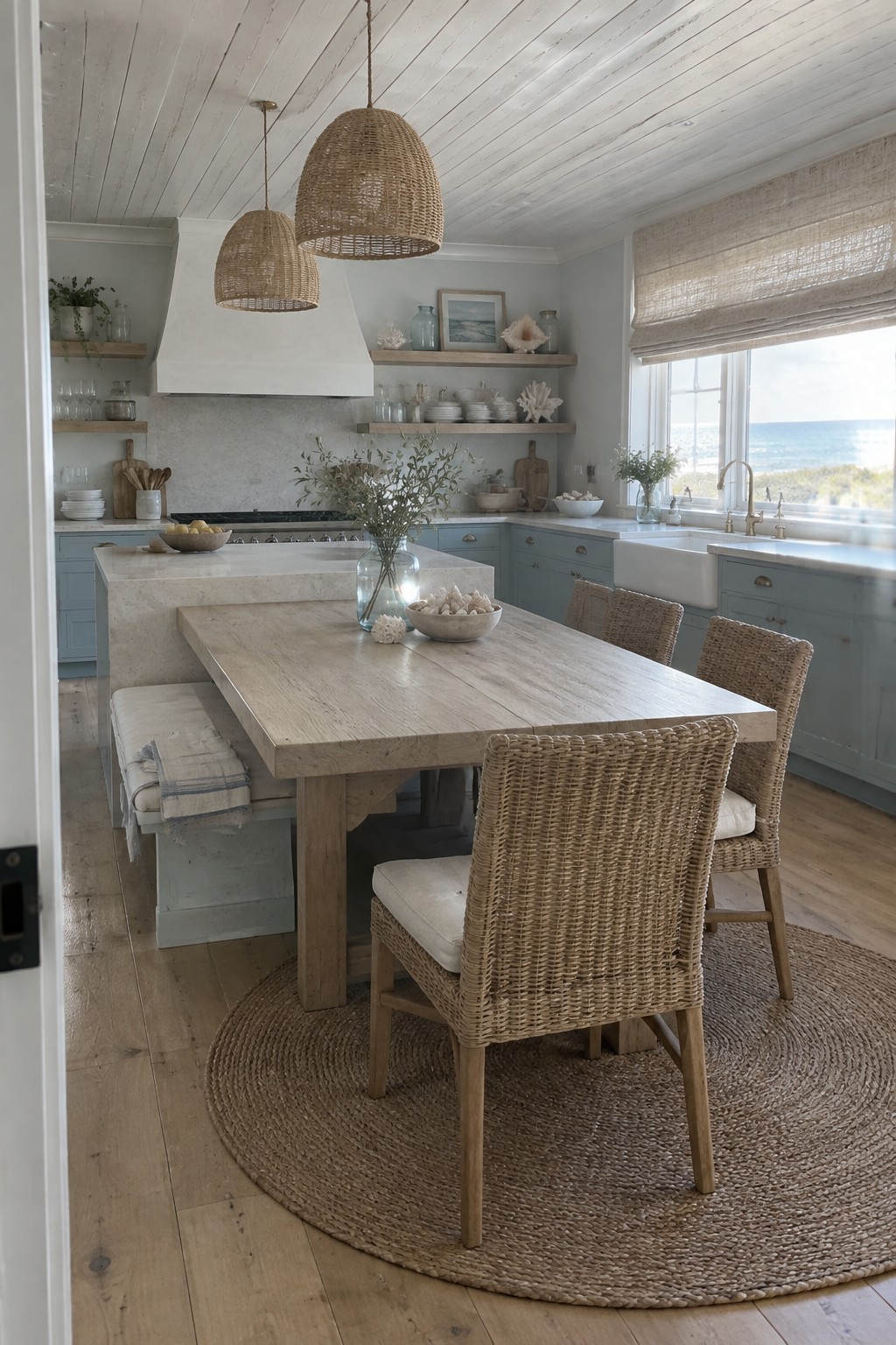 Coastal kitchen with light blue cabinets, wooden table, woven chairs, and ocean view