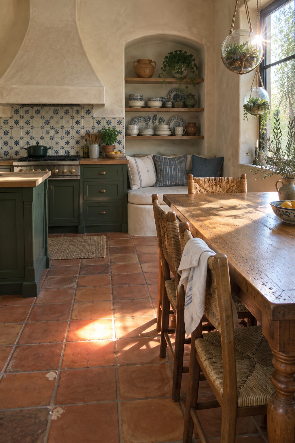 A kitchen and dining area with green cabinets, a long wooden table with woven chairs, terracotta tile floor, and open shelving.