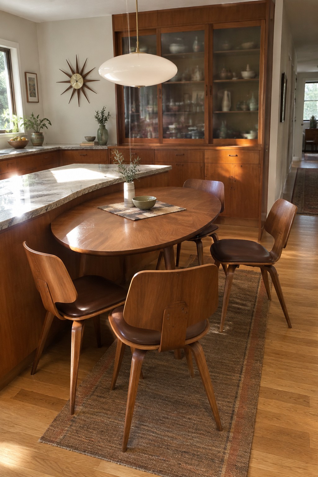 An oval wooden dining table with four mid-century chairs sits on a striped rug beside a curved marble kitchen peninsula, with wooden cabinets and glass display cases along the back wall.