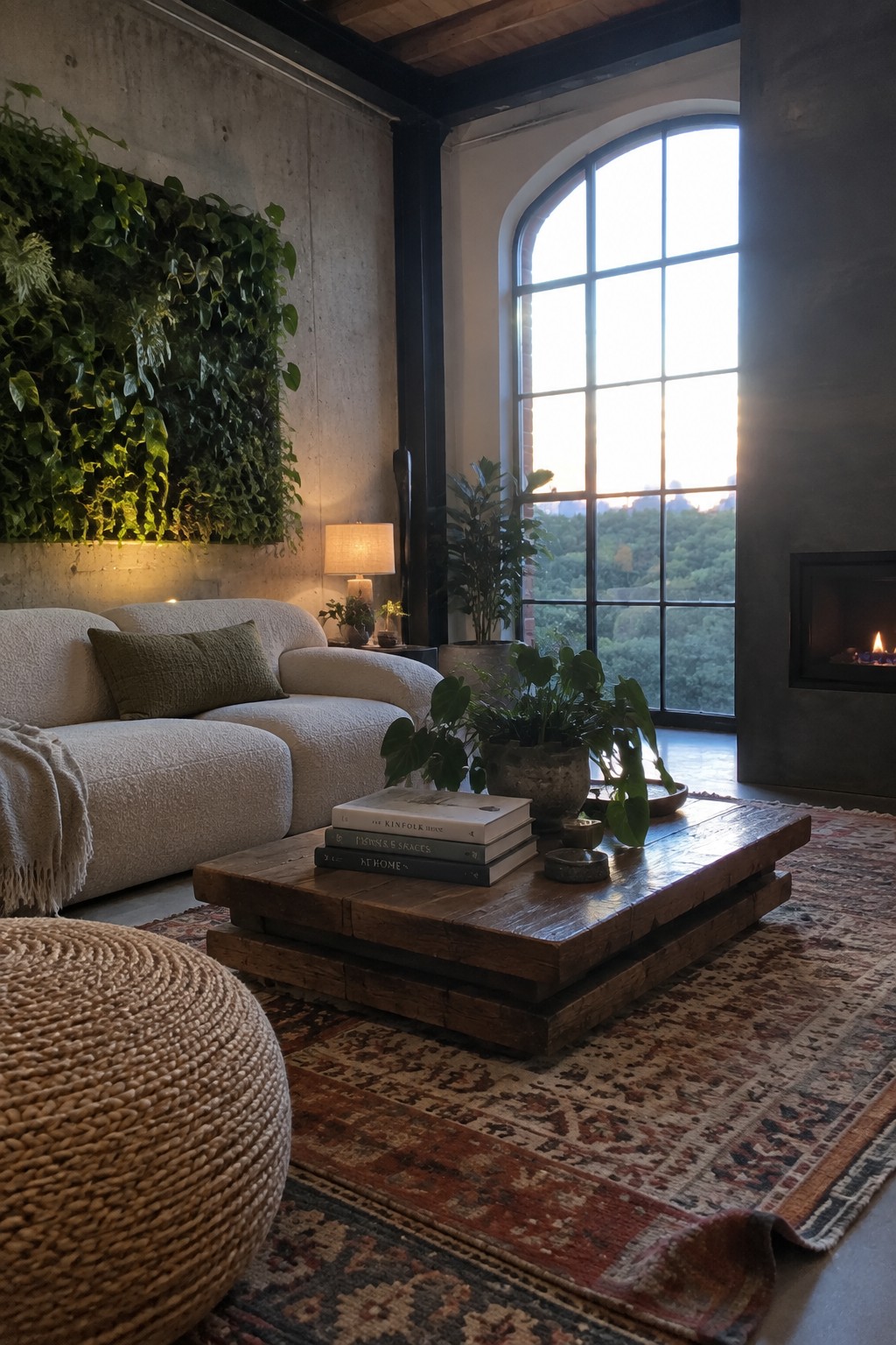 A modern living room with a concrete wall covered in a green living plant wall, a white sofa, a wooden coffee table stacked with books, potted plants, a large arched window with black frames, and a lit fireplace.