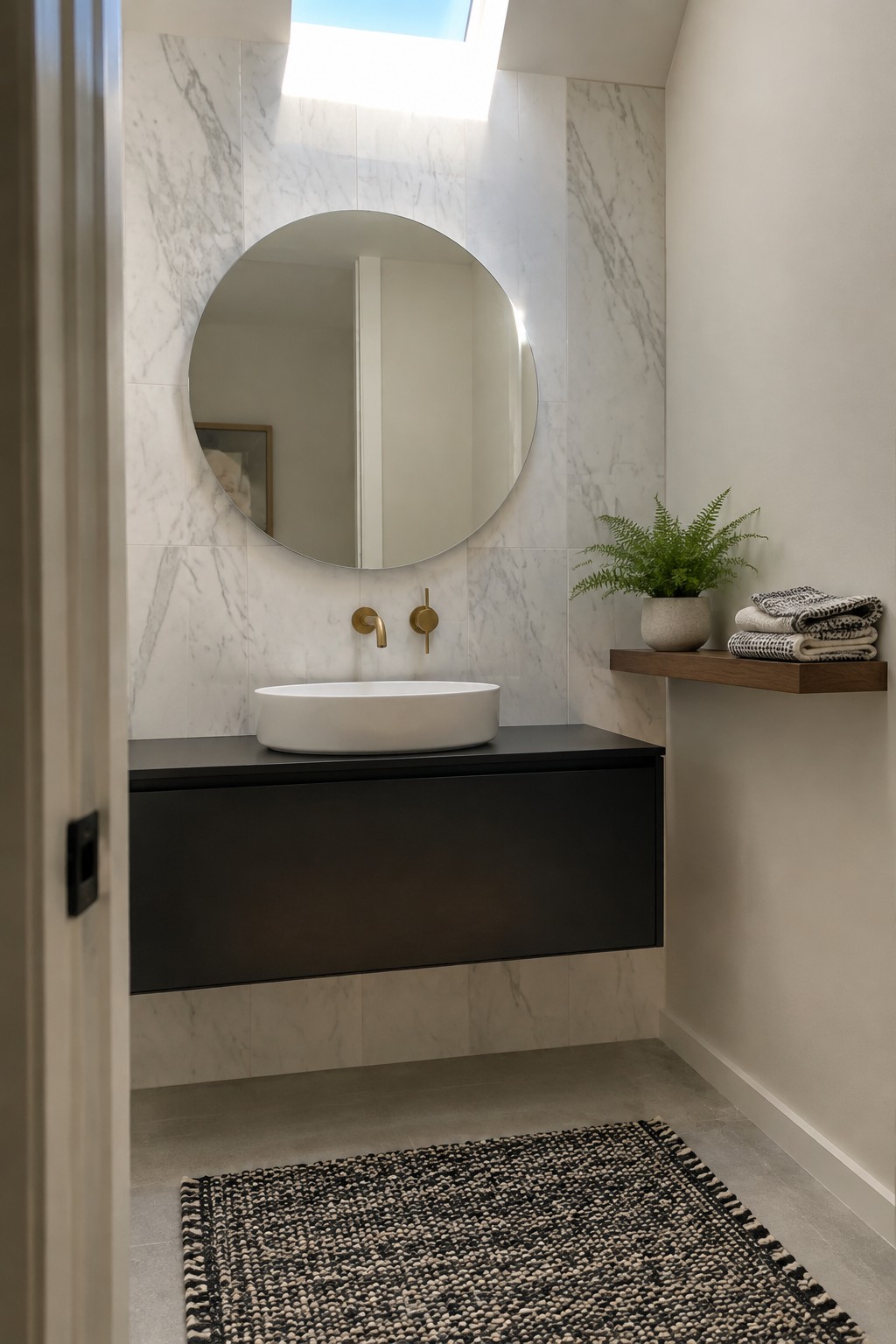 Modern marble bathroom with round mirror, white vessel sink on black floating vanity, and woven rug.