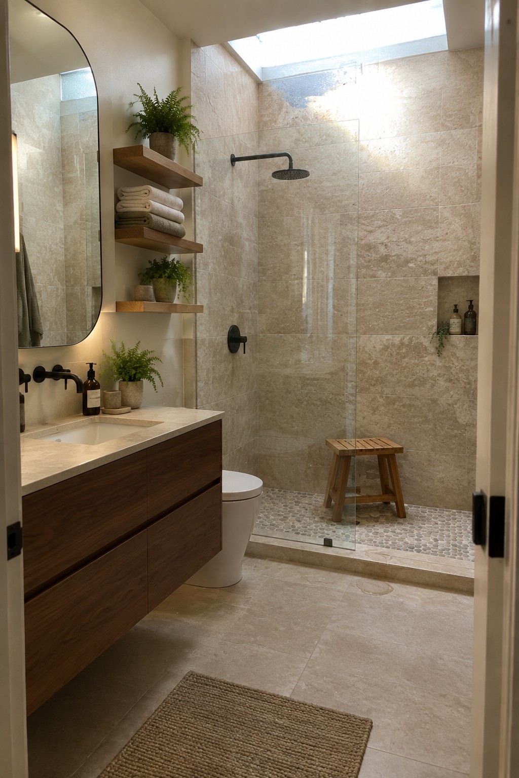 Modern bathroom with wooden vanity, arched mirror, glass shower, skylight and plants