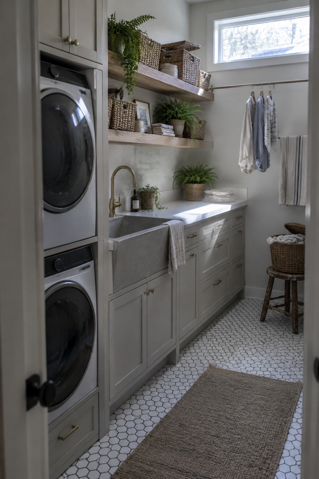 Modern laundry room with stacked washer-dryer, concrete sink, open shelves, and hex tile floor