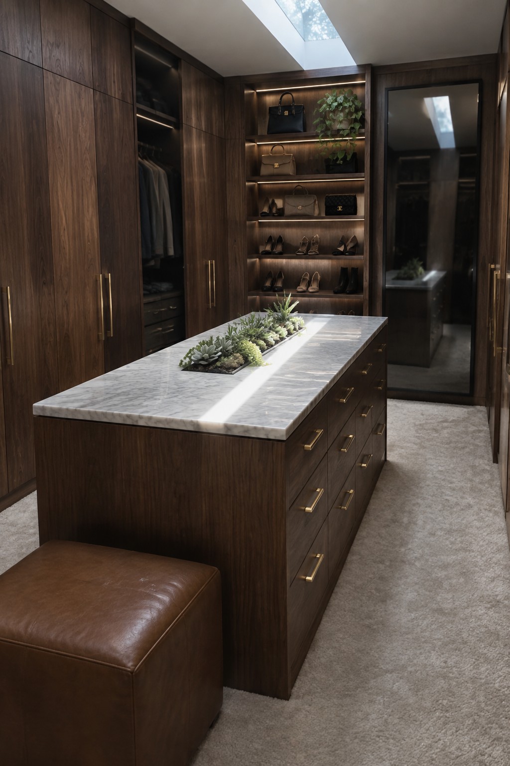 Luxurious dark wood walk-in closet with marble island, plants, handbags, and shoes.