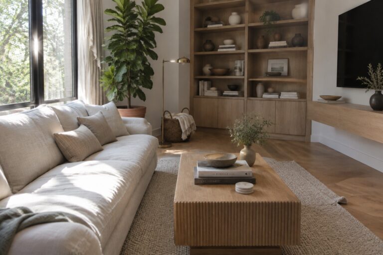 23 Sophisticated Biophilic Interiors Centered on Plants and Natural Light A bright living room interior with a large potted fiddle-leaf fig plant beside a tall window with sheer curtains, a light linen sofa, a wooden coffee table on a textured rug, and built-in oak shelving filled with books and ceramics.