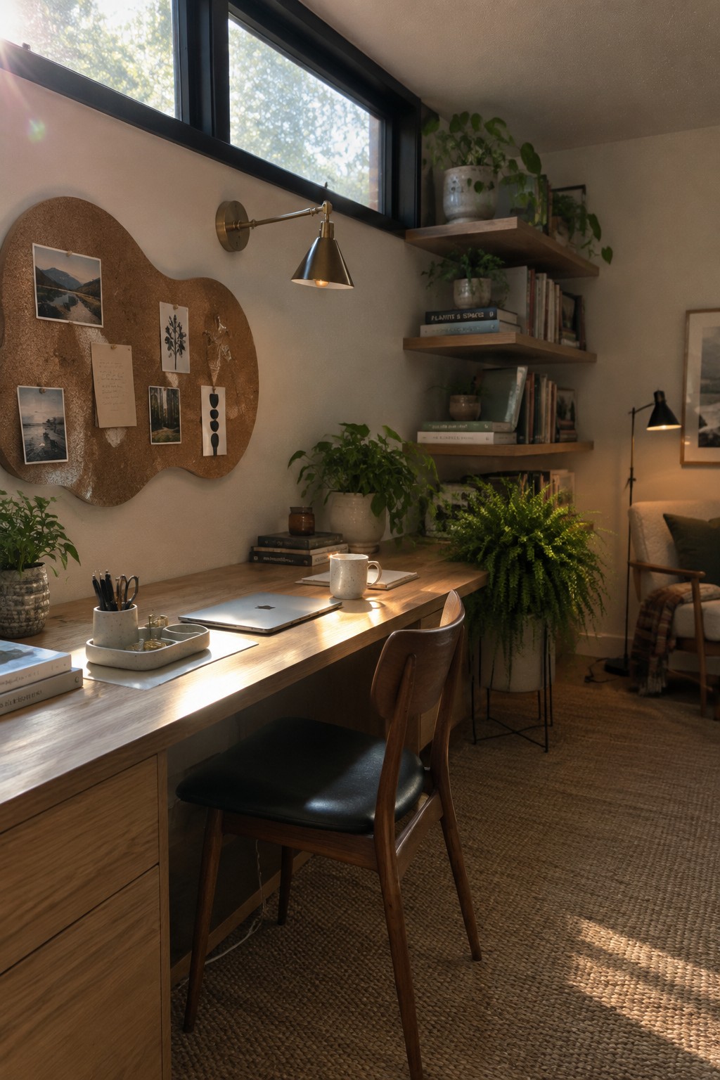 A wooden desk with a laptop and multiple potted plants positioned under a large window, with a corkboard on the wall to the left and floating shelves holding books and plants to the right.