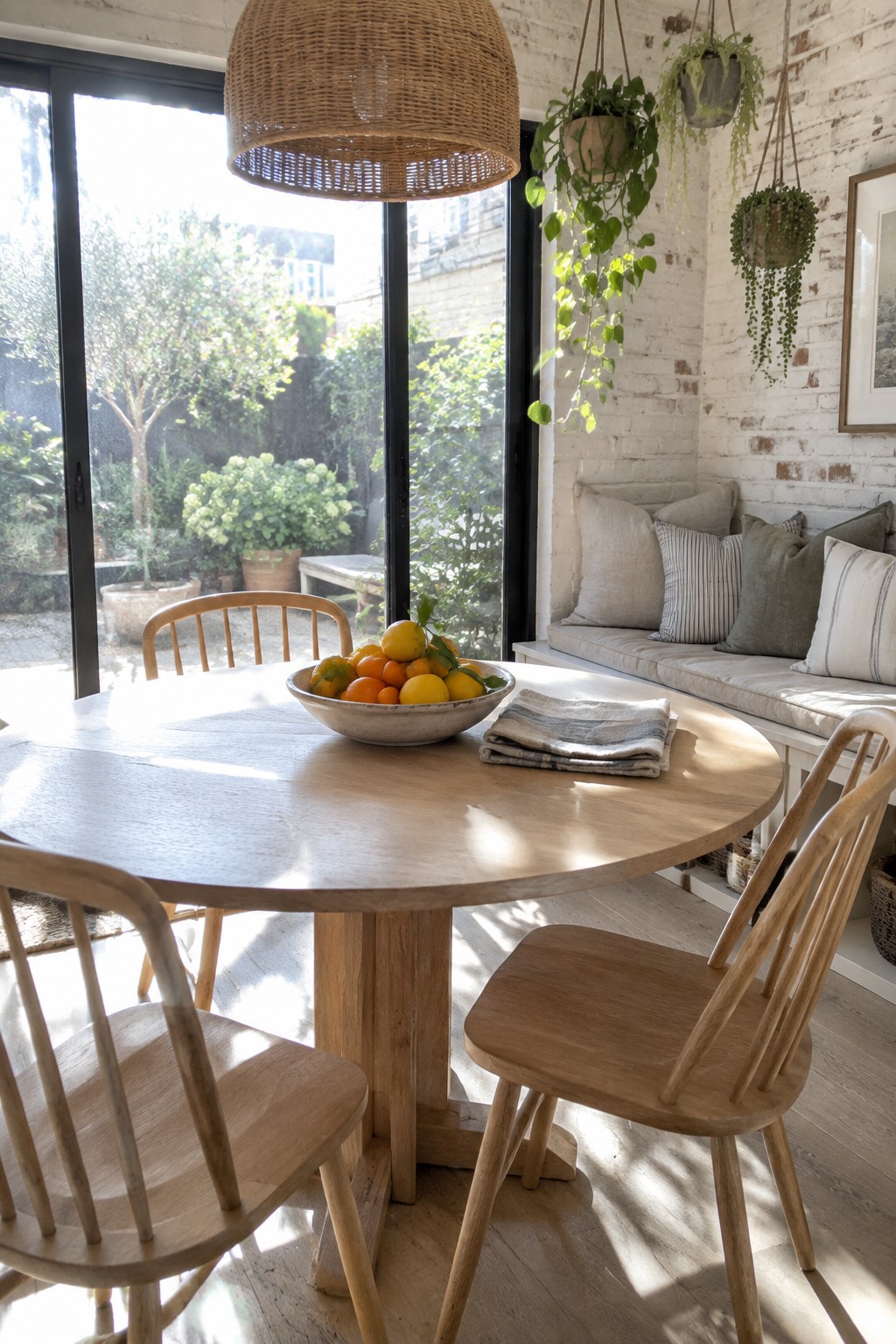 A round wooden dining table with four chairs sits in front of large glass doors, next to a built-in bench with cushions and several hanging plants against a white brick wall.