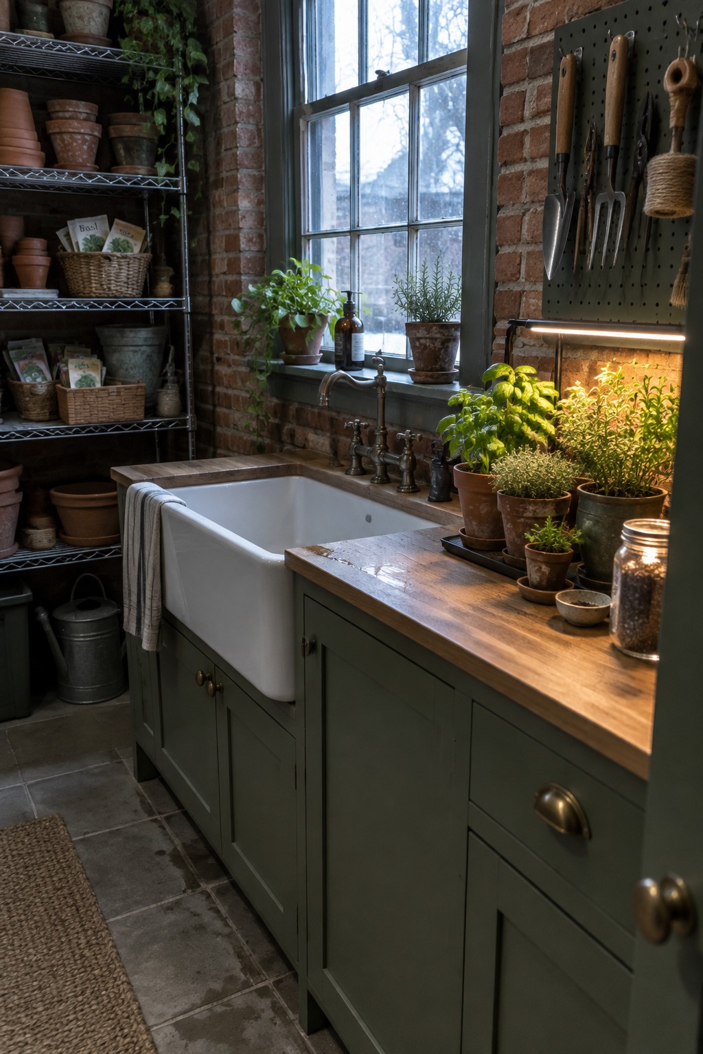 A kitchen sink area with green cabinets, a white farmhouse sink, wooden countertops, and multiple potted plants arranged on the windowsill and counter under natural light from a large window.