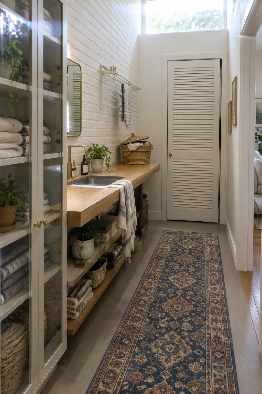 Modern laundry room with wooden sink vanity, open towel shelves, and patterned runner rug