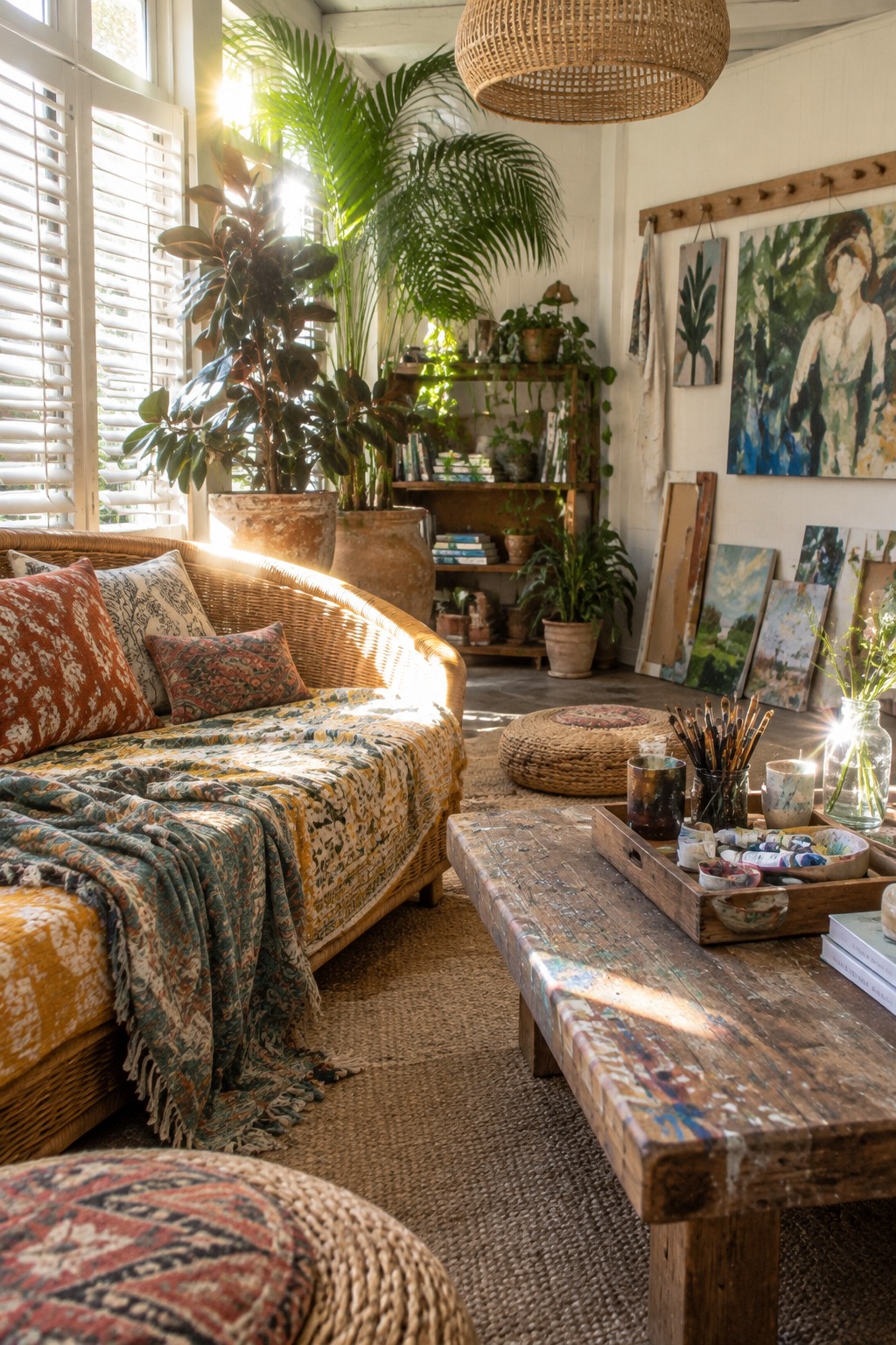 A bright interior with a wicker daybed, numerous potted plants clustered by shuttered windows, a paint-splattered wooden table holding art supplies, and artwork on the walls.