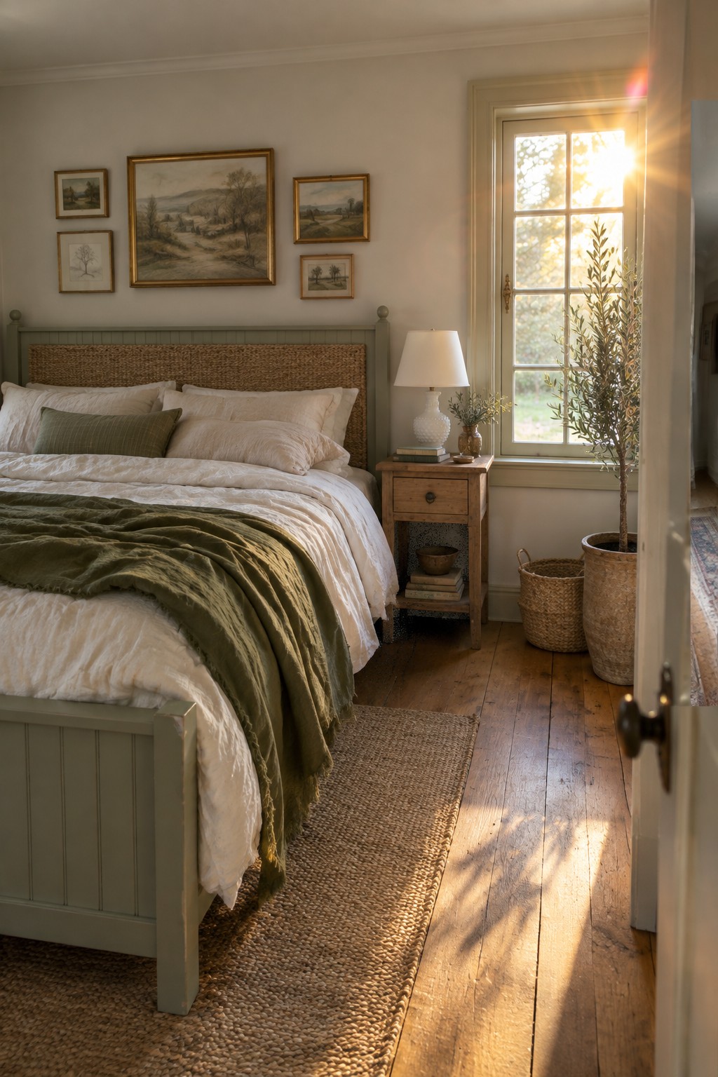A bedroom with a sage green bed frame, white and olive bedding, a woven headboard, framed landscape art above the bed, a wooden nightstand holding a lamp and books, and a tall potted tree beside a window with sunlight streaming through.