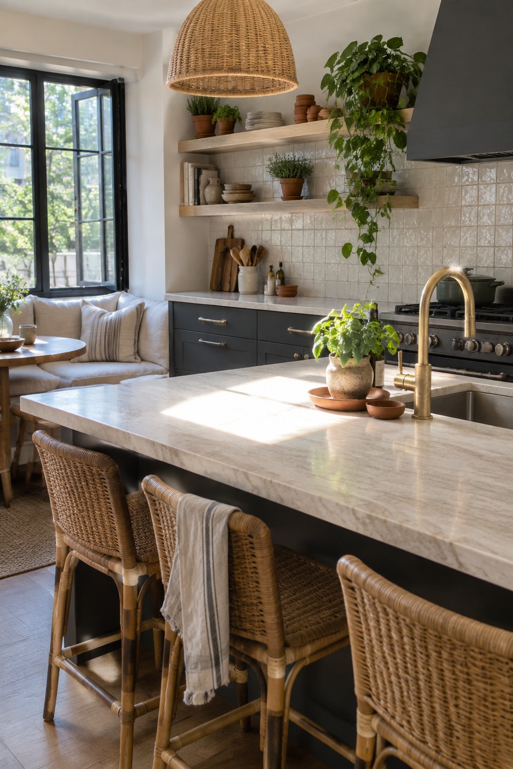 A kitchen interior featuring a large marble-topped island with four rattan bar stools, dark cabinetry, open wooden shelves holding plants and dishes, a brass faucet, and a window with a built-in cushioned bench.