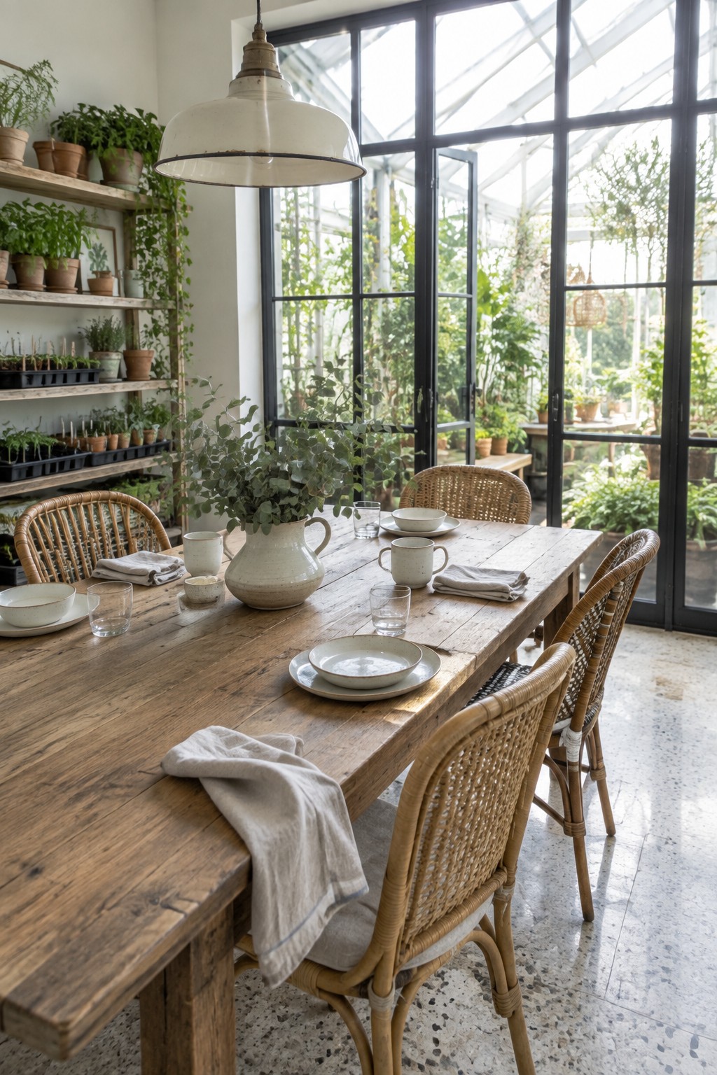A wooden dining table set with ceramic dishes and glassware sits in front of tall open wooden shelves holding many potted plants, with large black-framed glass doors open to a bright greenhouse beyond.