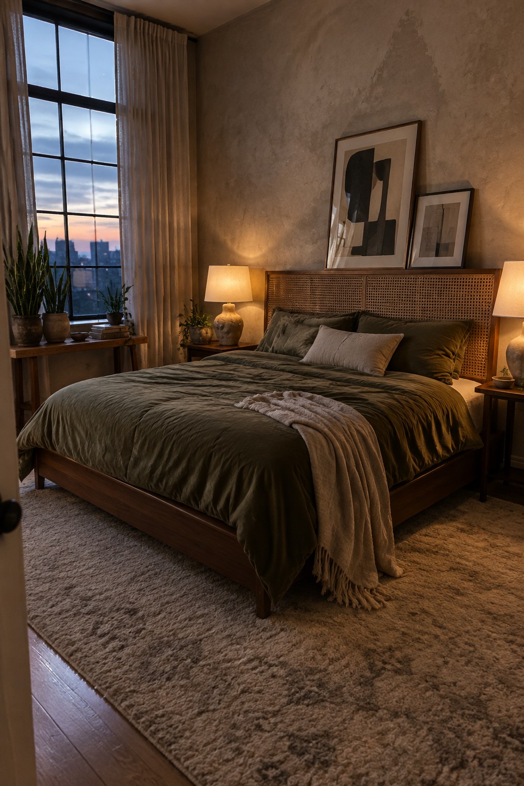 Cozy bedroom with olive green bedding, cane headboard, shag rug, and city view window.