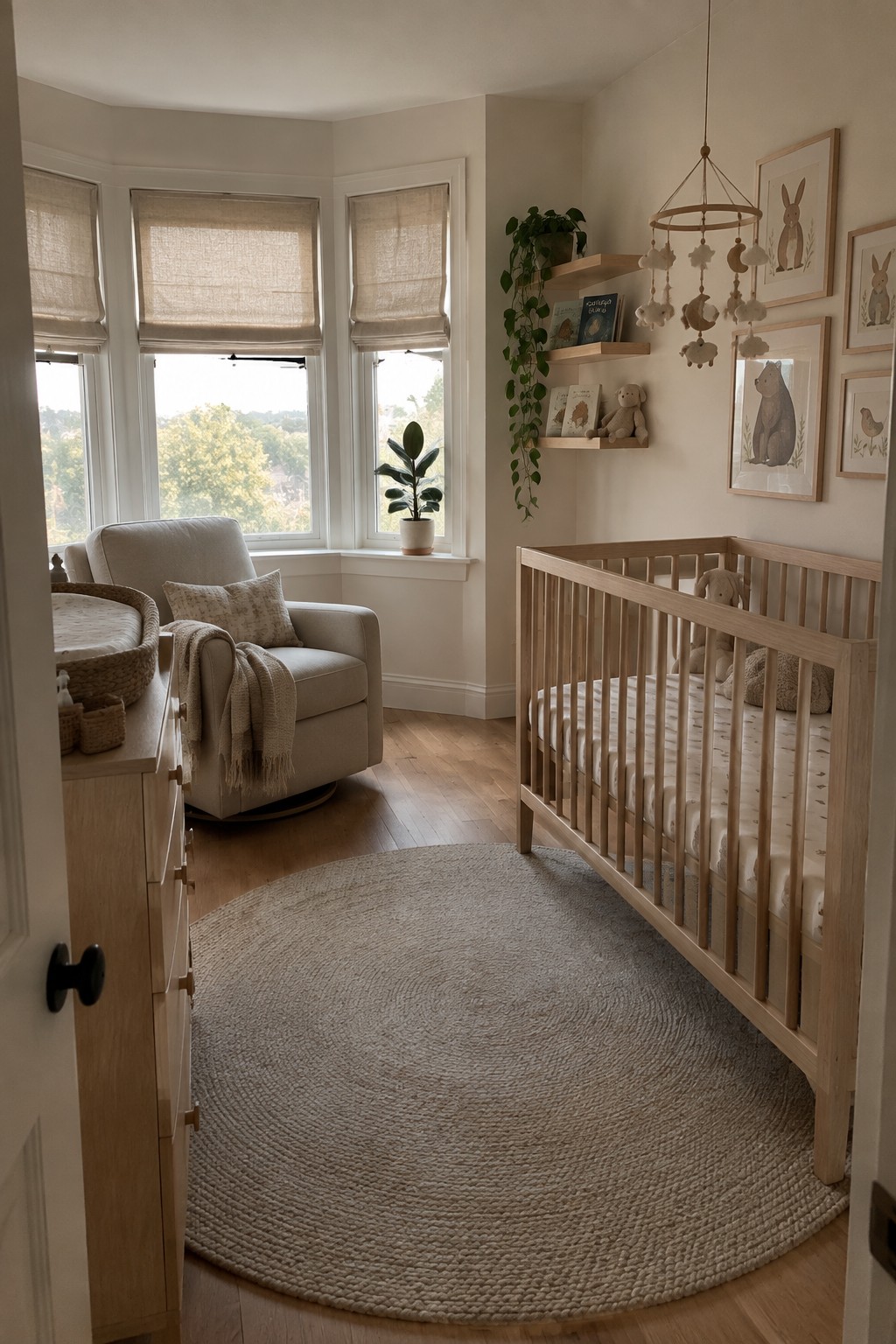 Neutral nursery with wooden crib, round woven rug, armchair, and animal wall art