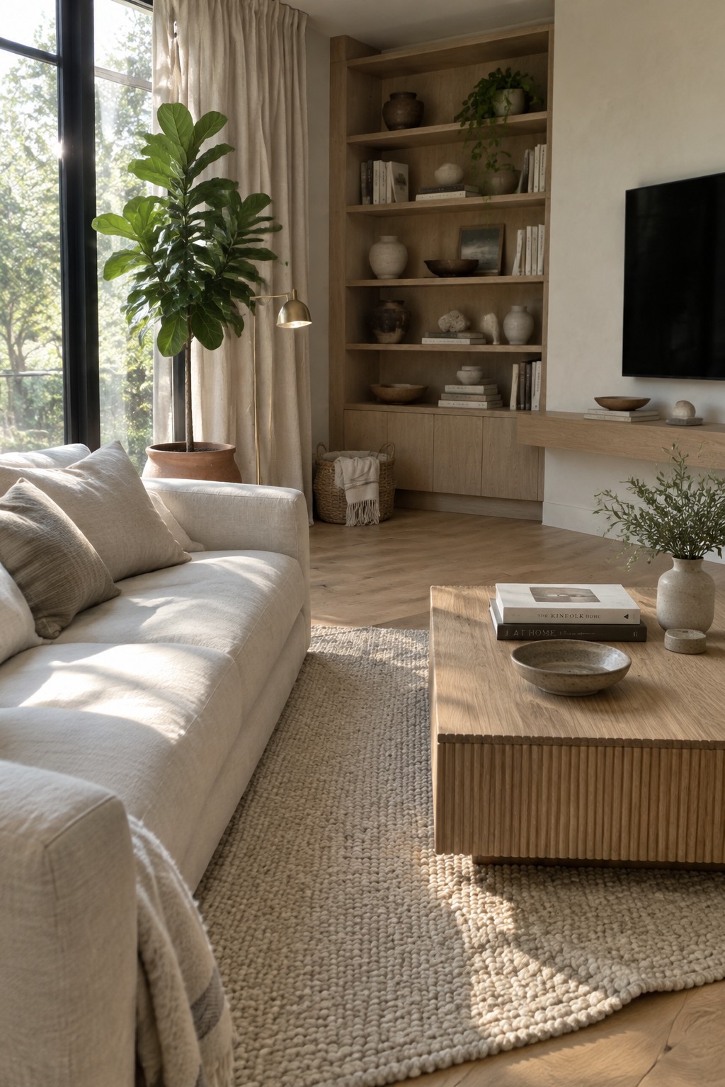 A bright living room interior with a large potted fiddle-leaf fig plant beside a tall window with sheer curtains, a light linen sofa, a wooden coffee table on a textured rug, and built-in oak shelving filled with books and ceramics.